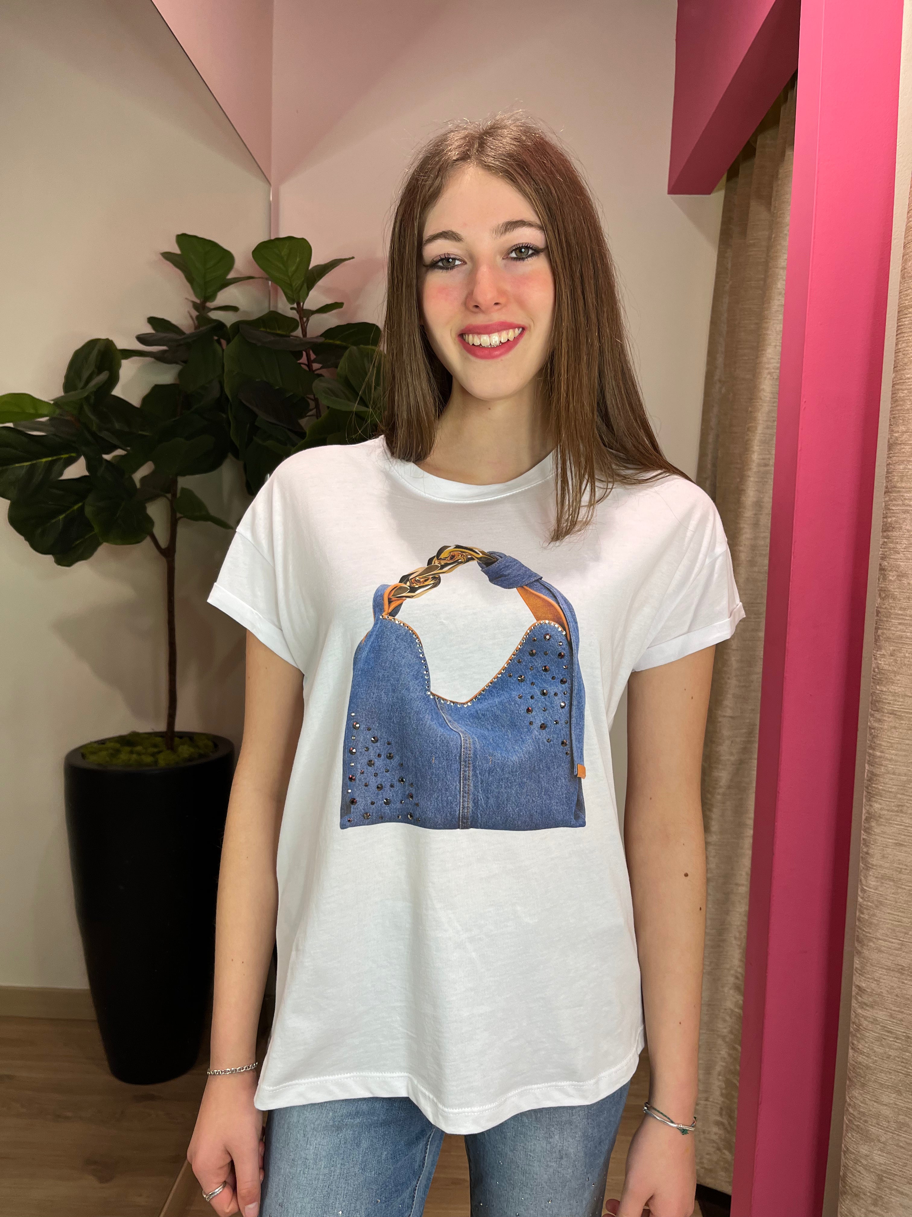 T-shirt stampa borsa in denim