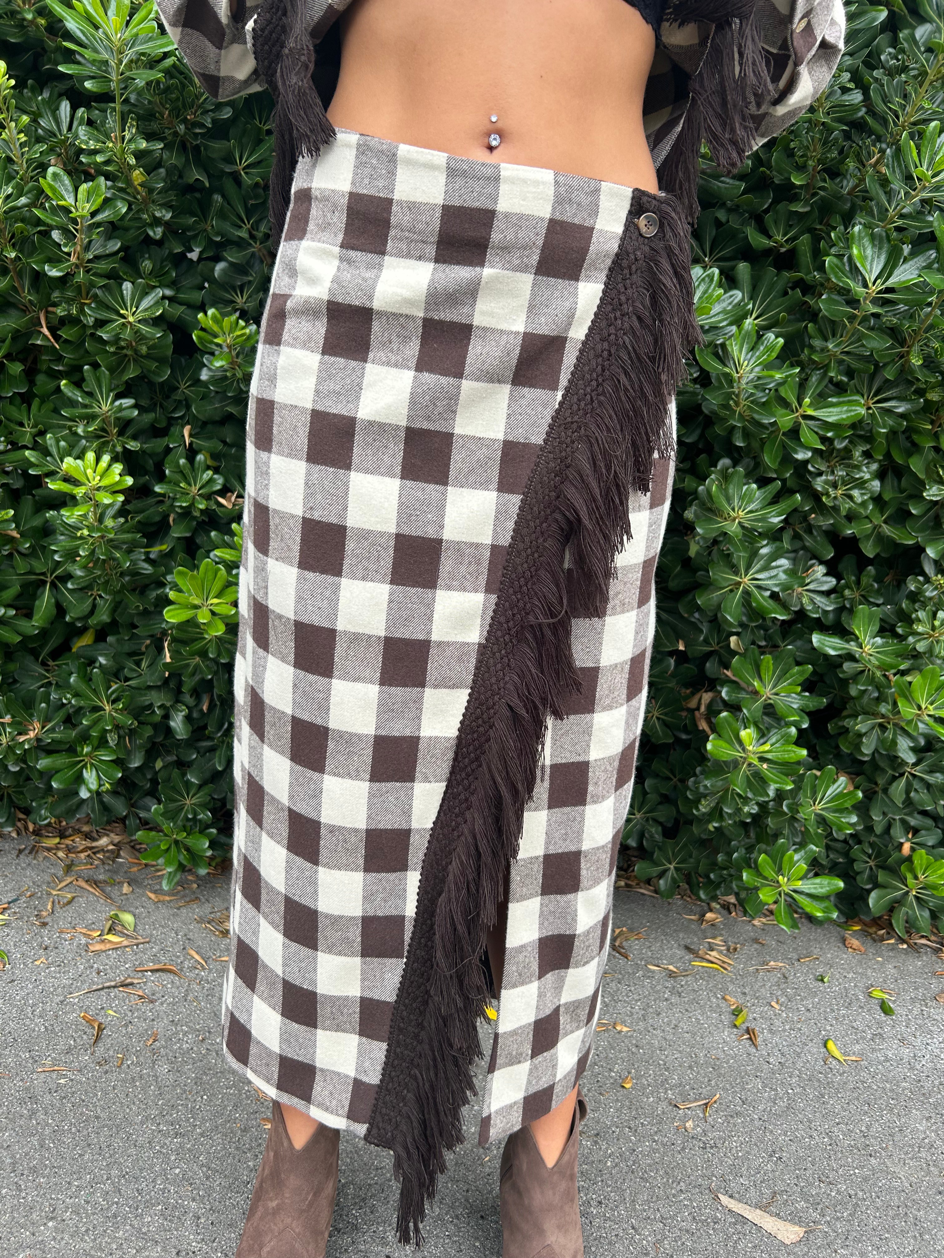 Gonna longuette a quadri con frange