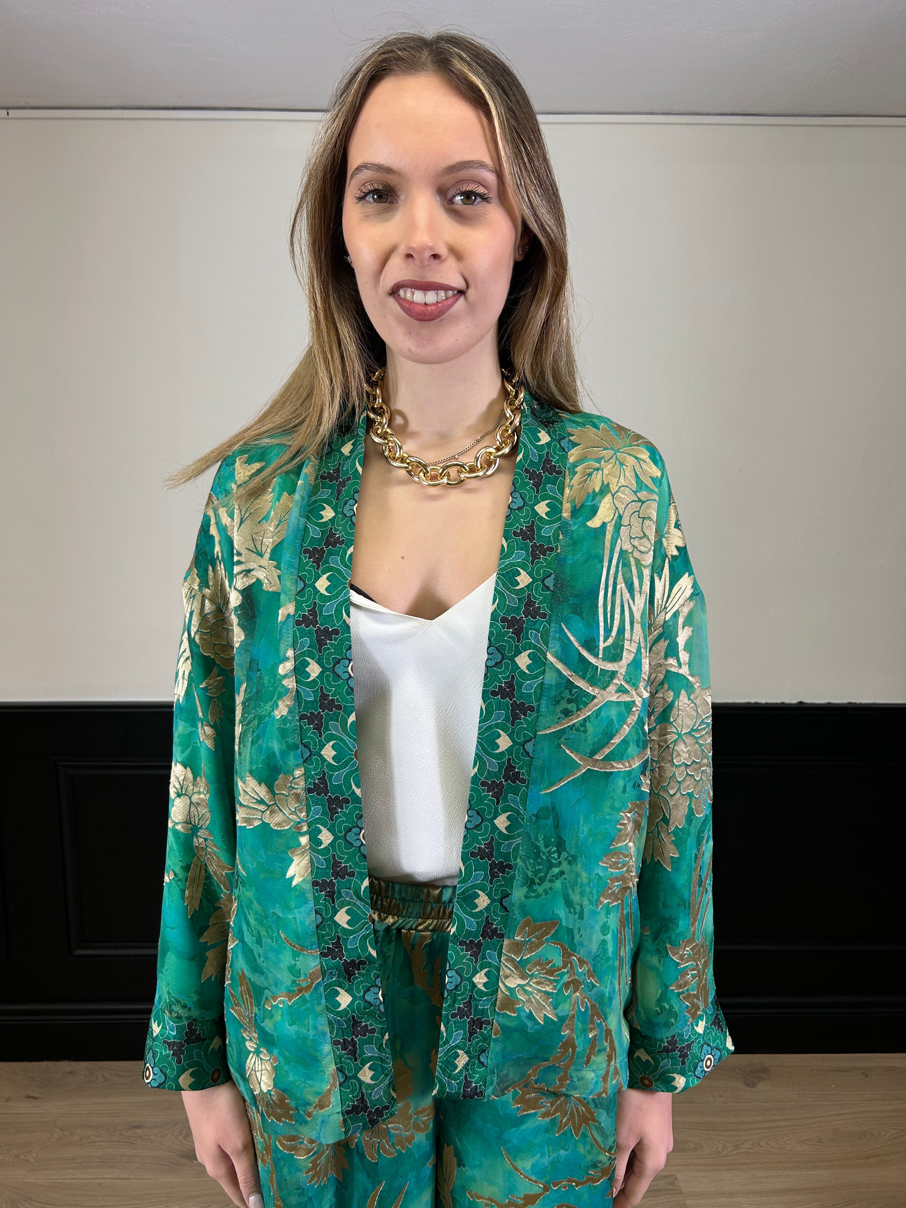 Kimono corto fantasia verde, turchese e oro