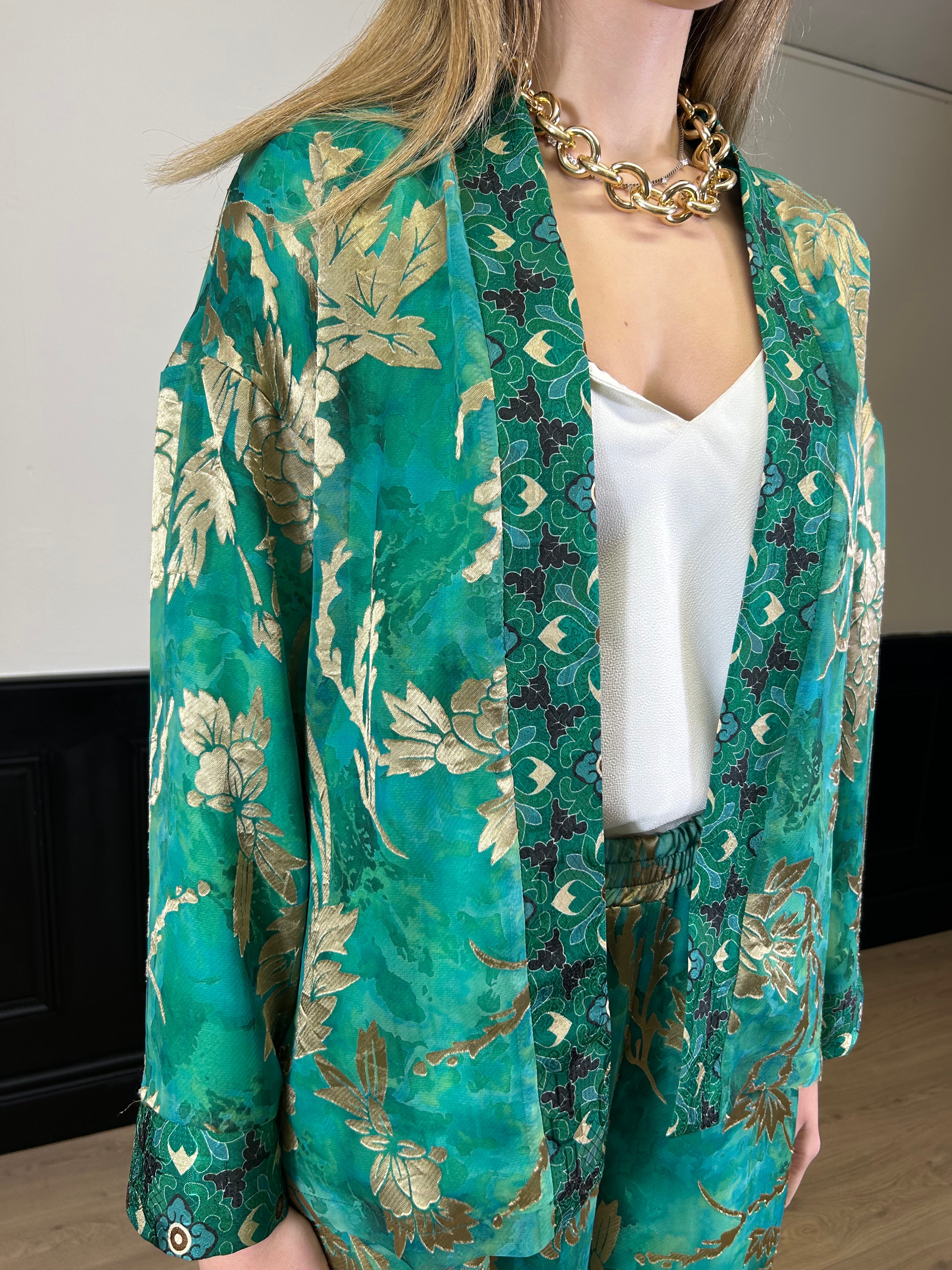 Kimono corto fantasia verde, turchese e oro