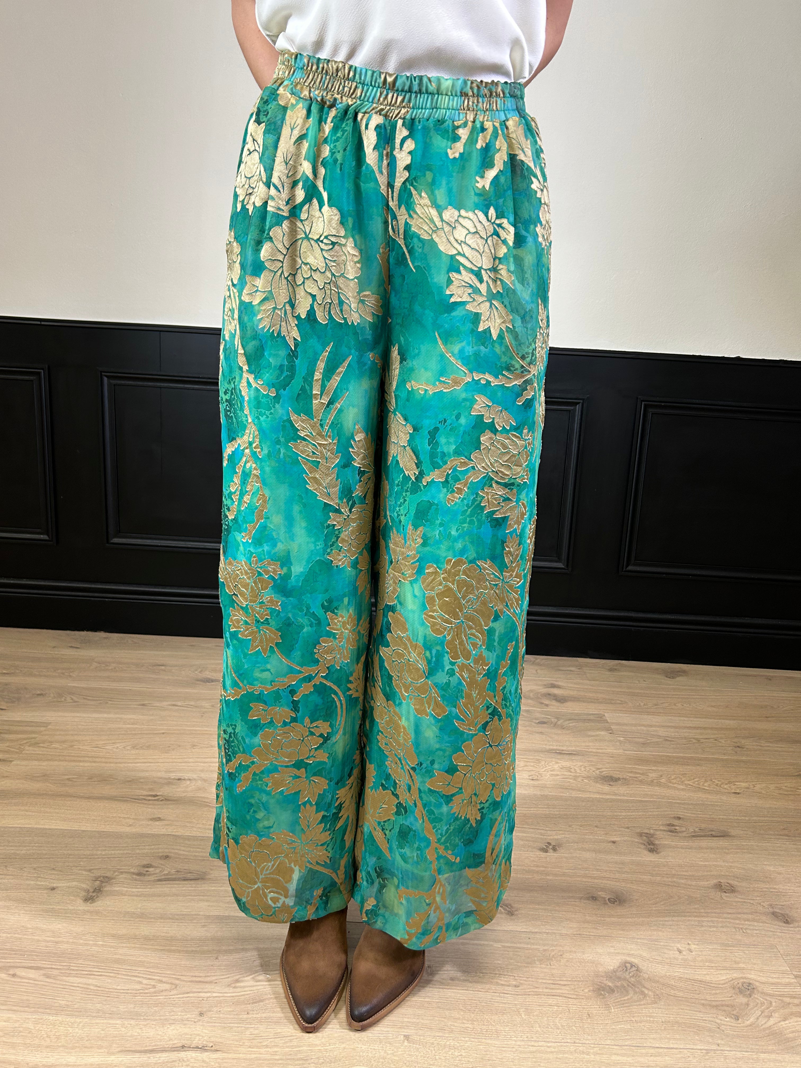 Pantalone palazzo fantasia verde, turchese e oro