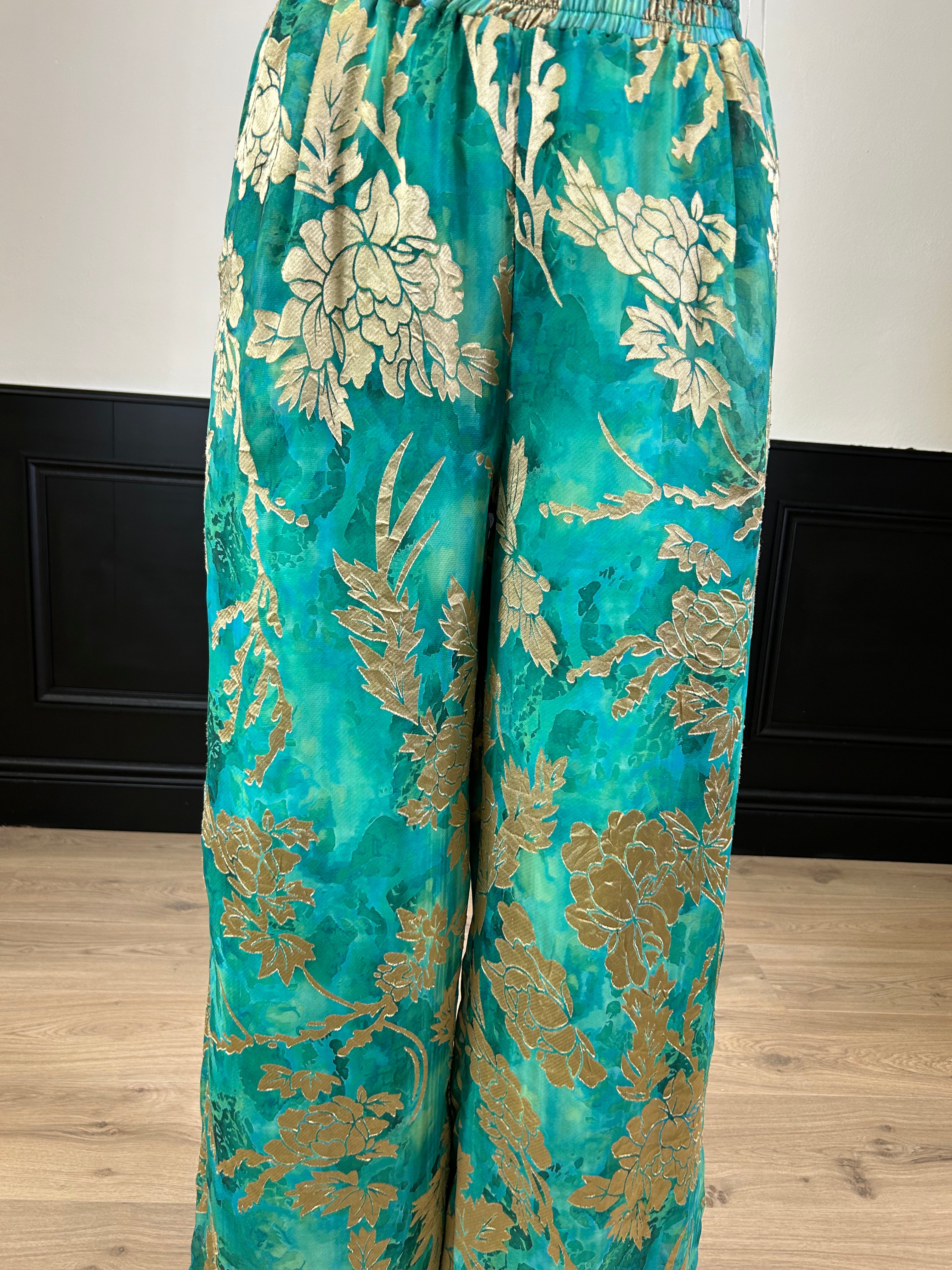 Pantalone palazzo fantasia verde, turchese e oro