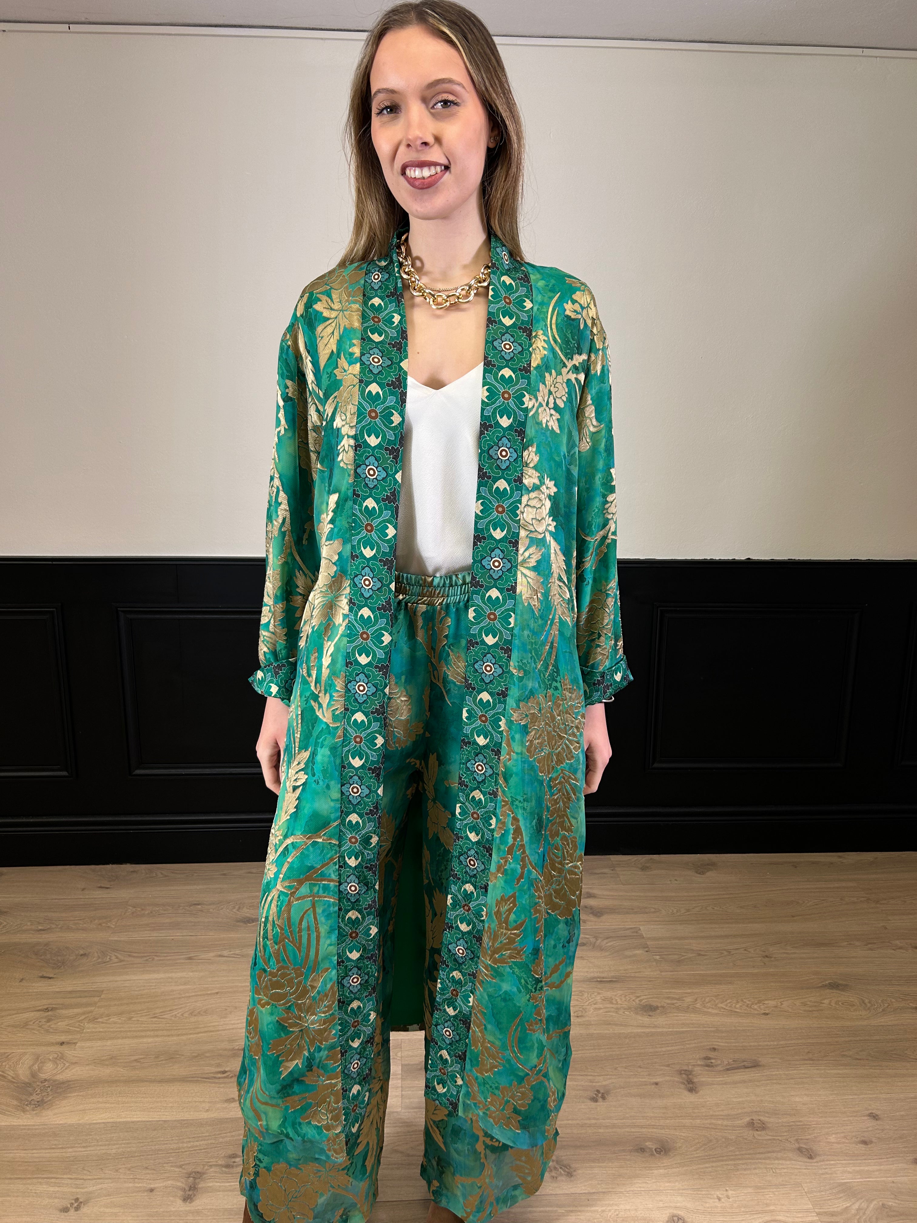 Kimono lungo fantasia verde, turchese e oro