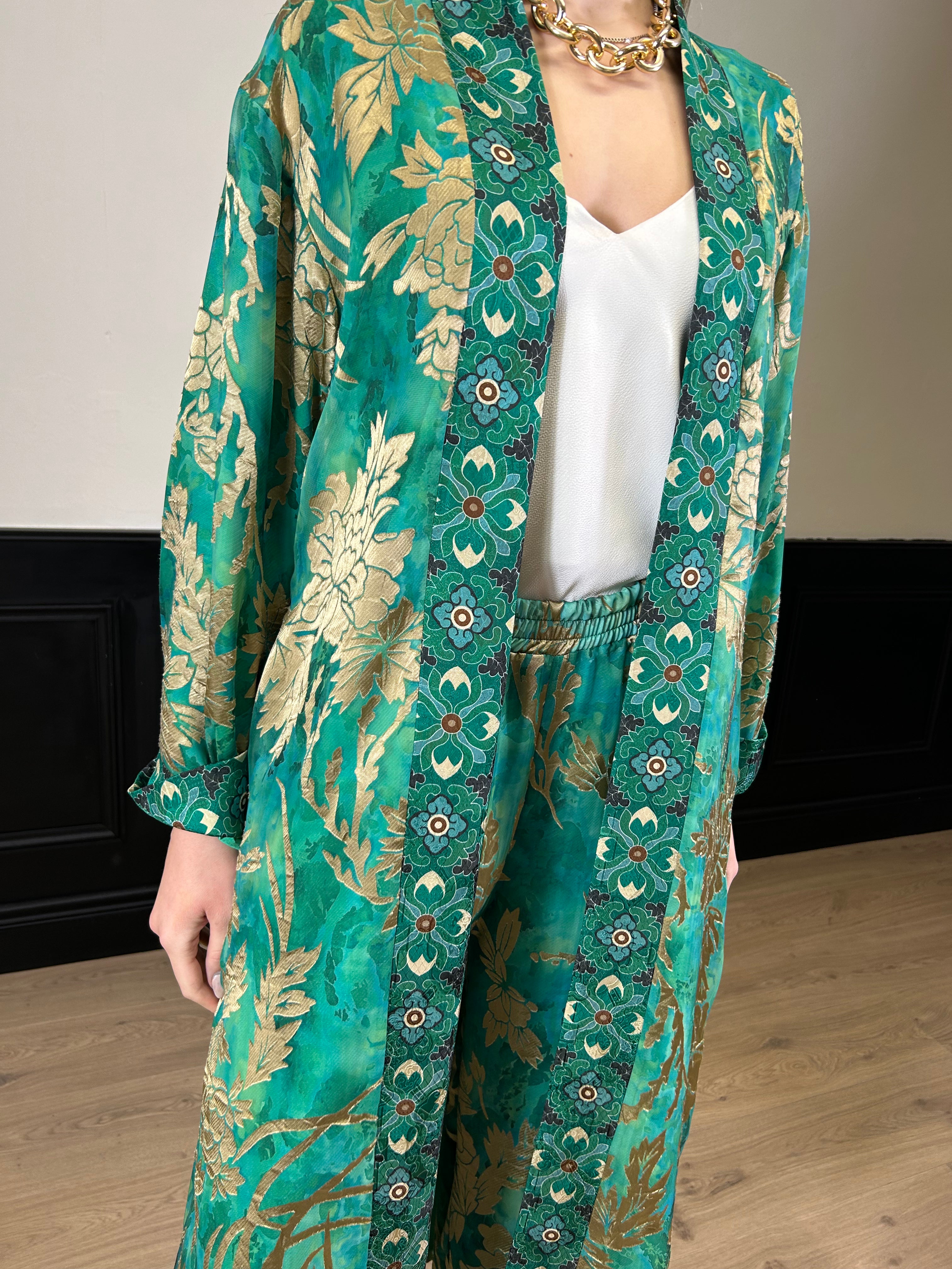 Kimono lungo fantasia verde, turchese e oro