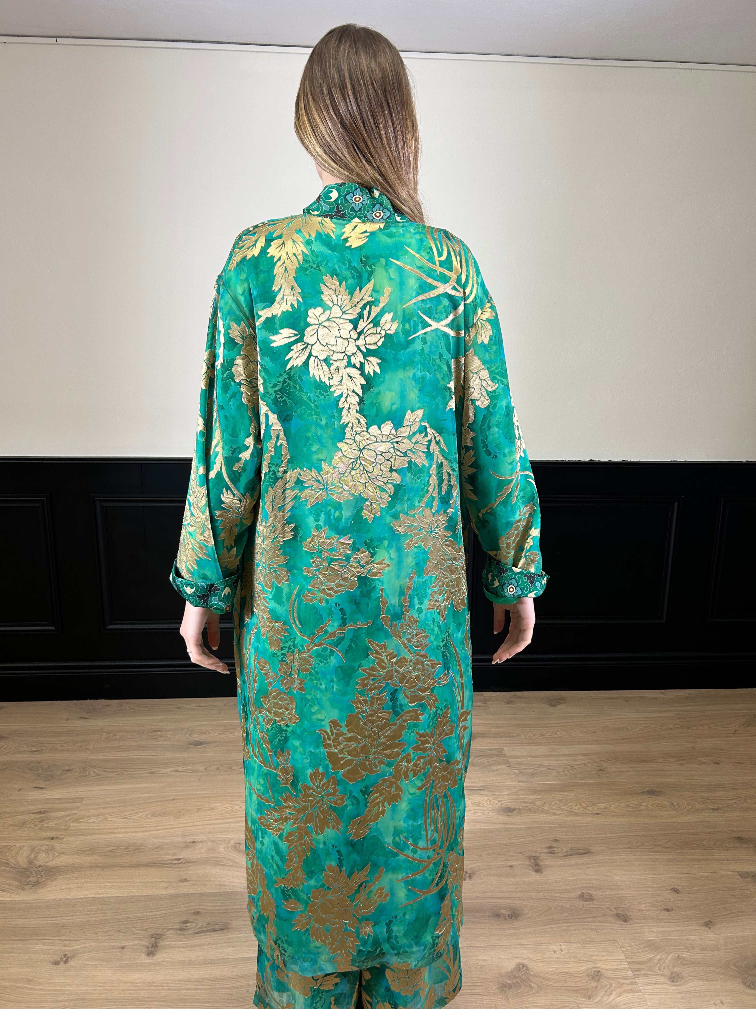Kimono lungo fantasia verde, turchese e oro