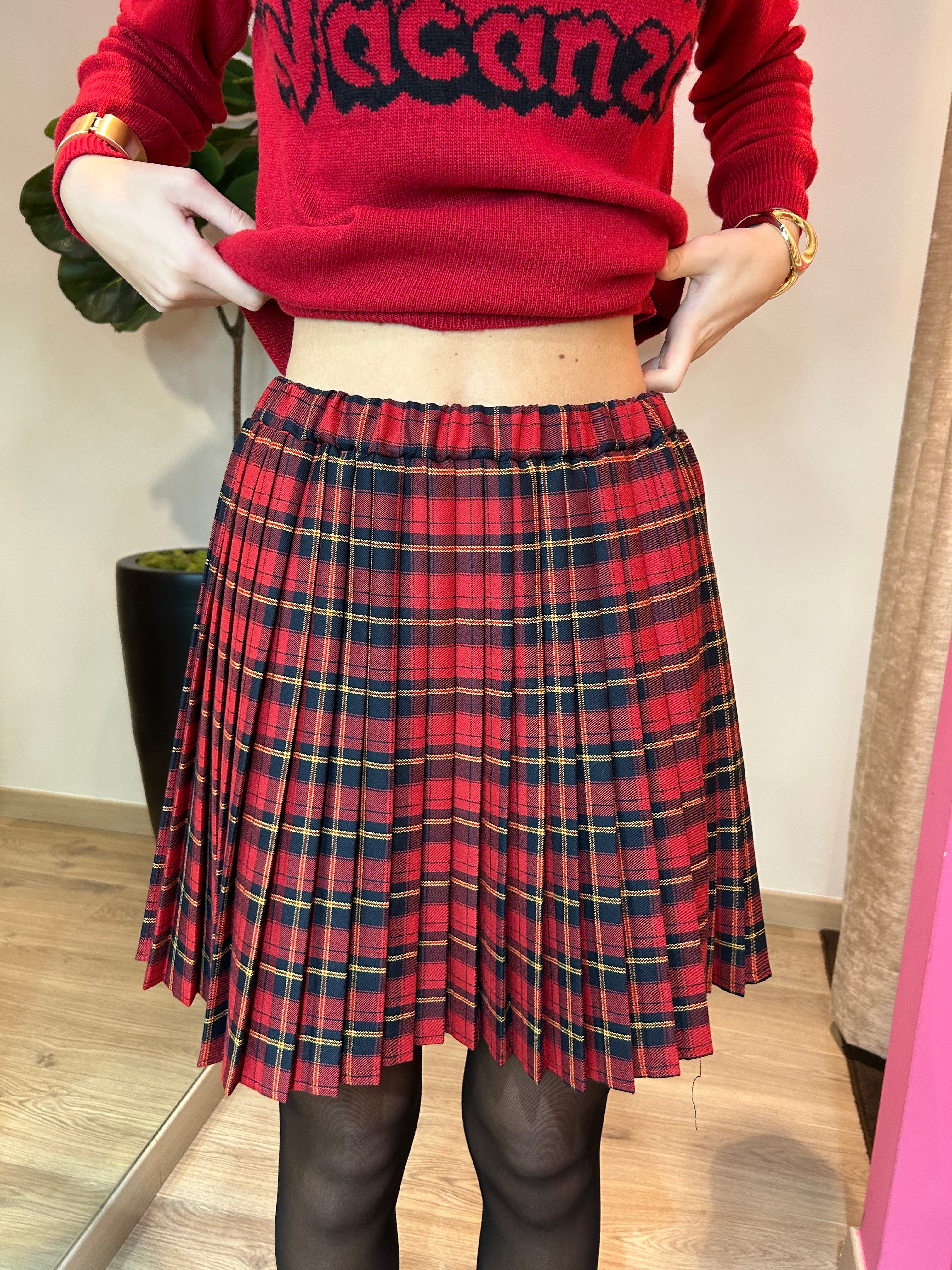 Gonna corta plissé fantasia tartan rosso/nero