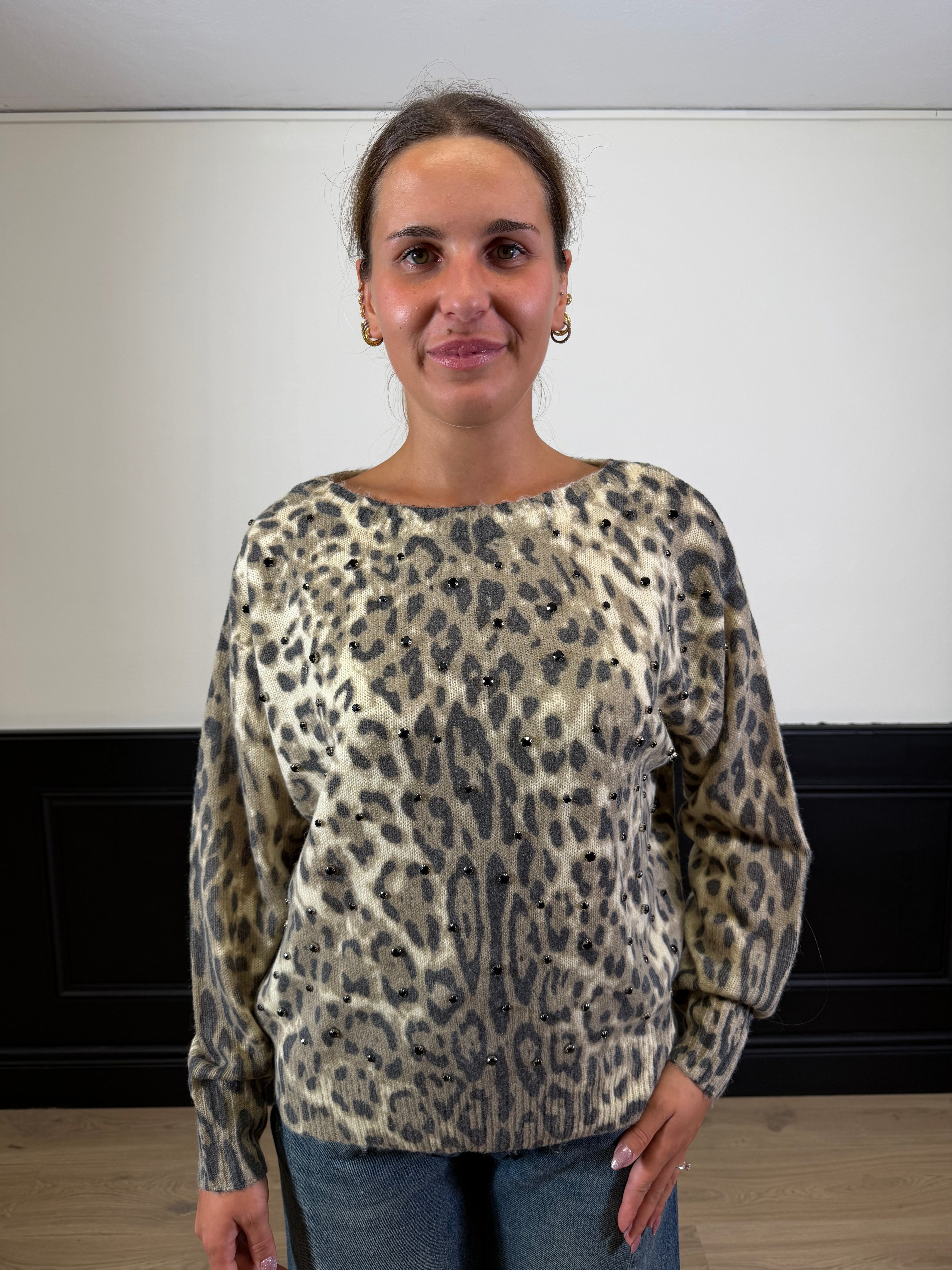 Pull fantasia animalier con dettaglio castoni