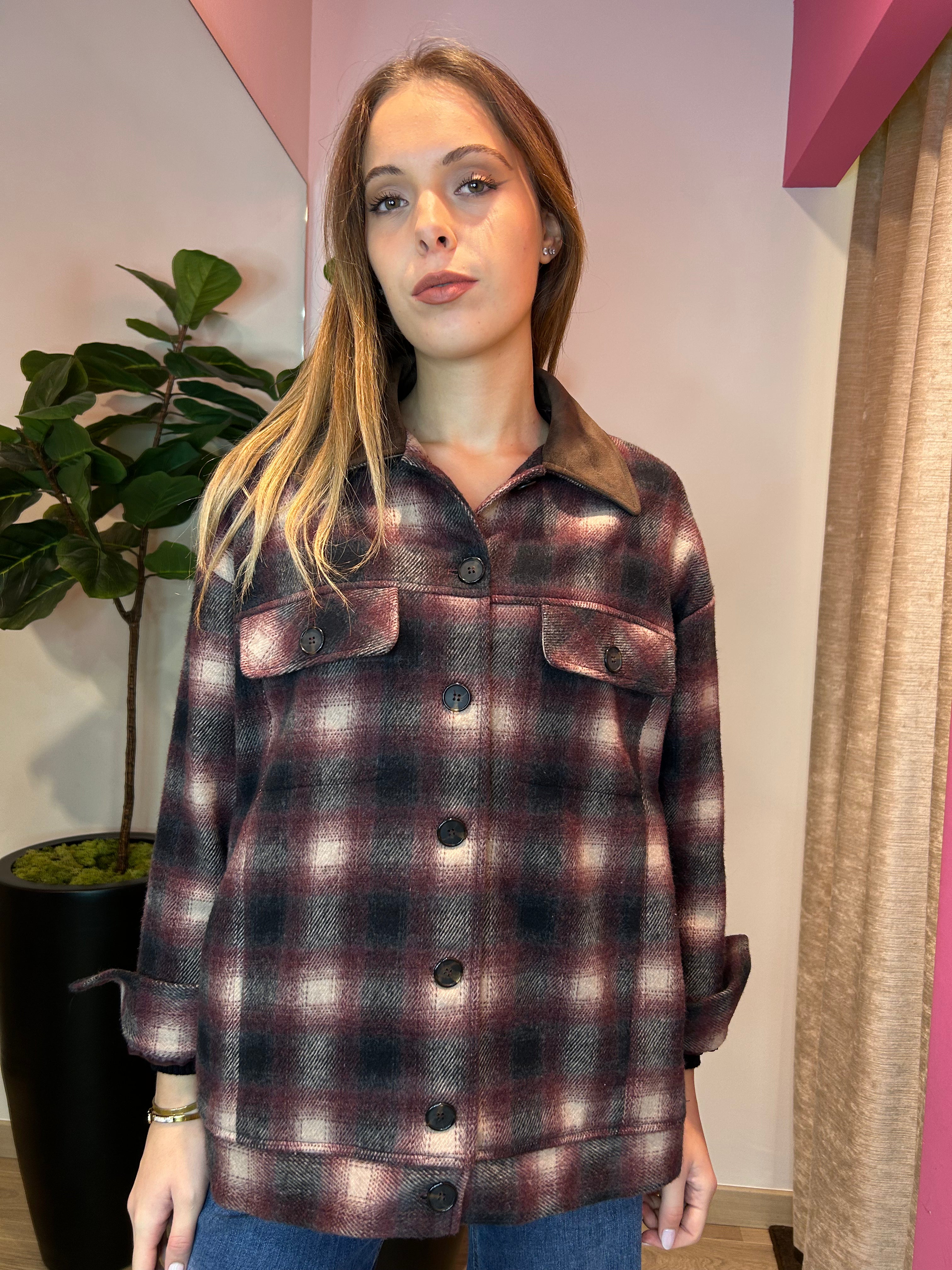 Giacca camicia check sul bordeaux