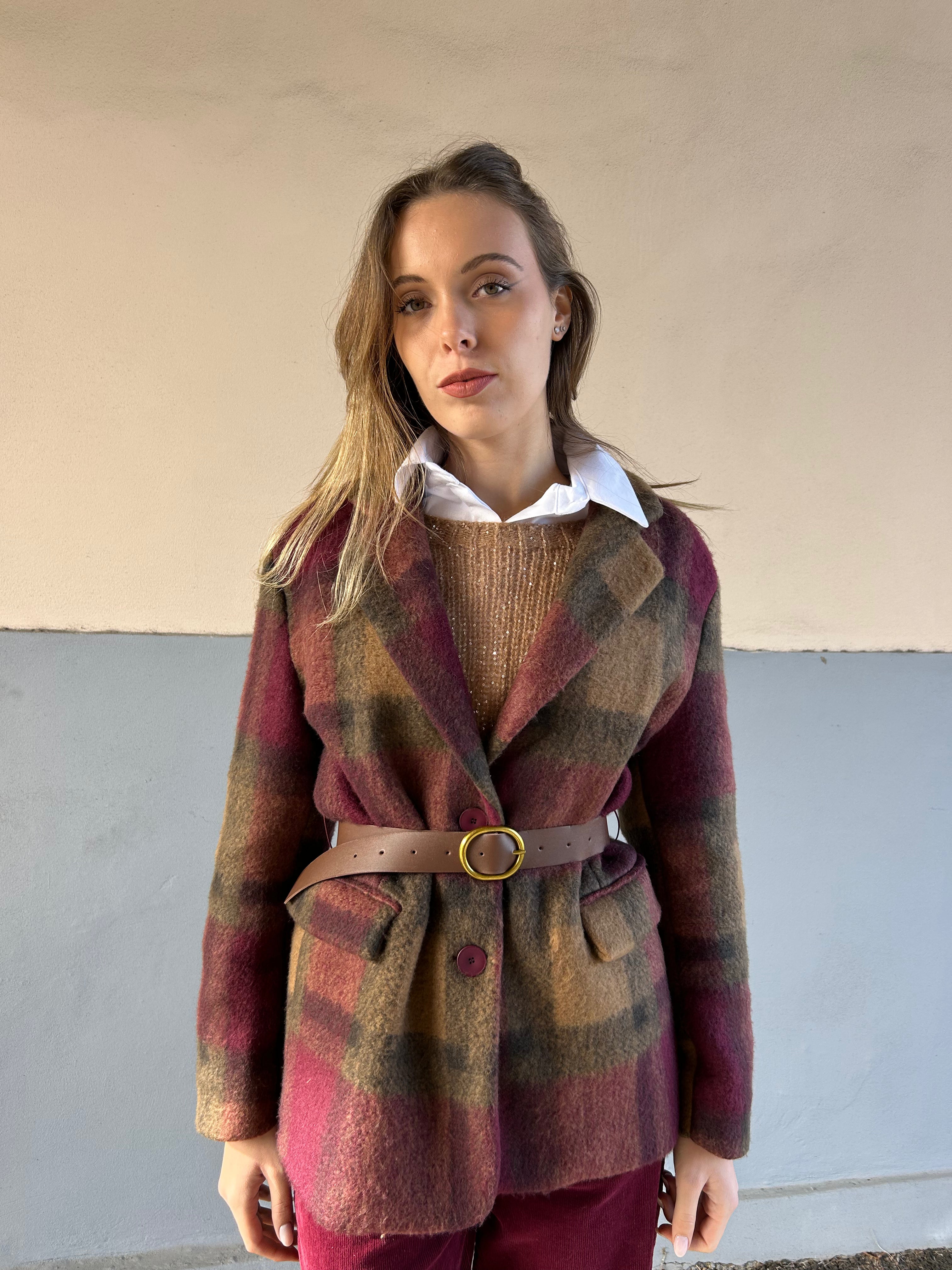 Giacca cappotto a quadri con cintura