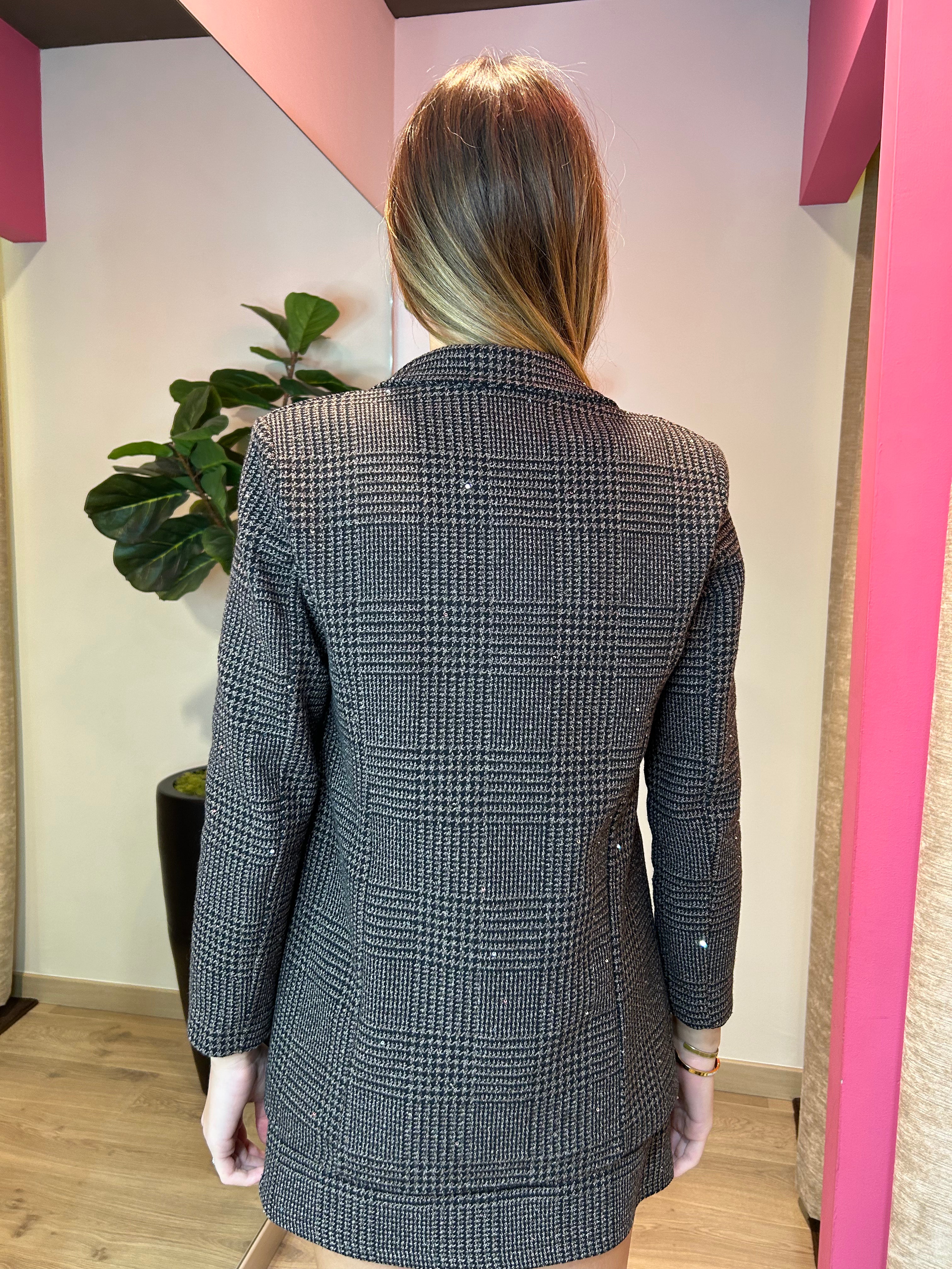 Blazer pied de poule marrone e nero con micro paillettes
