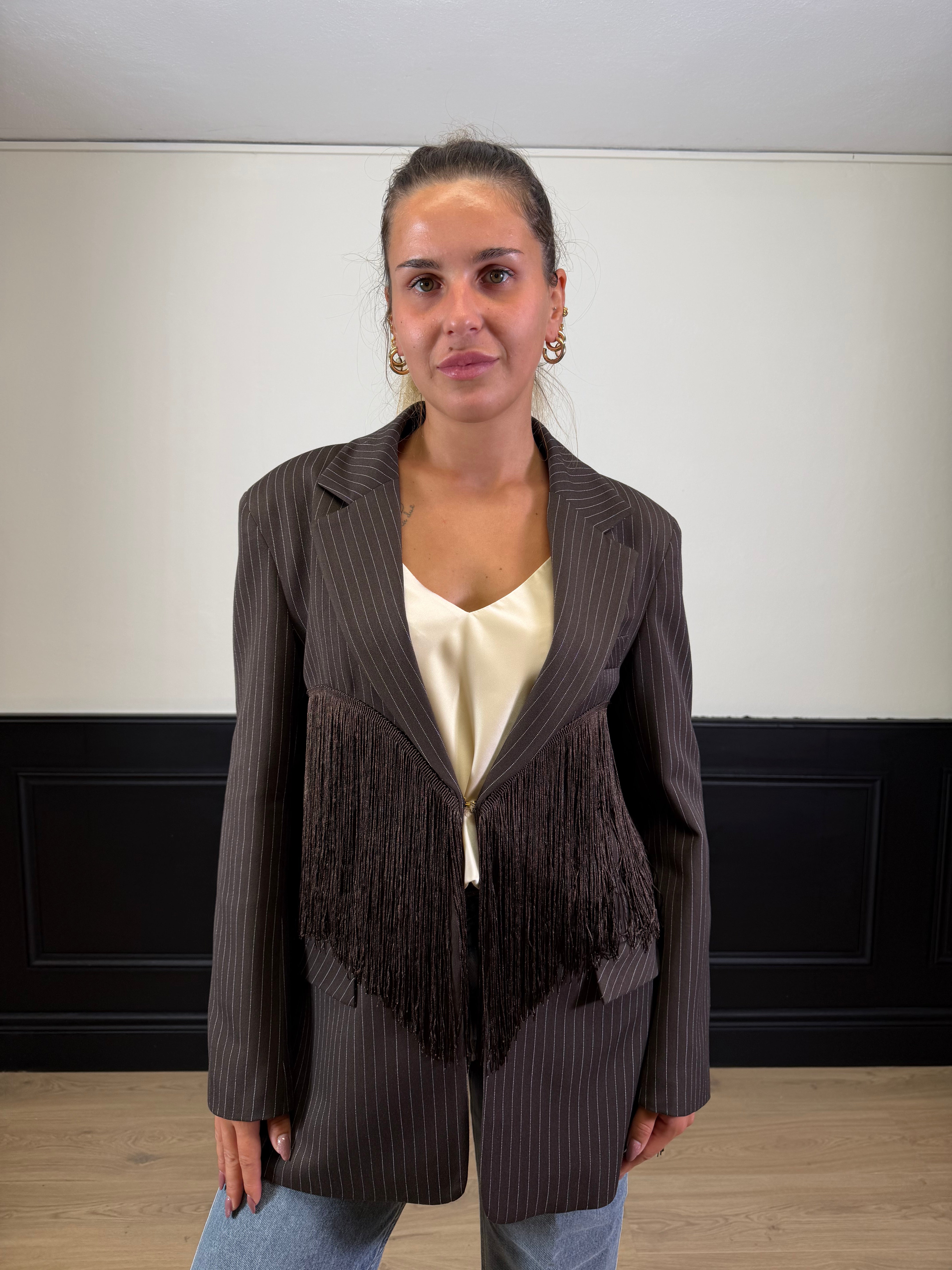Giacca moro gessata con frange