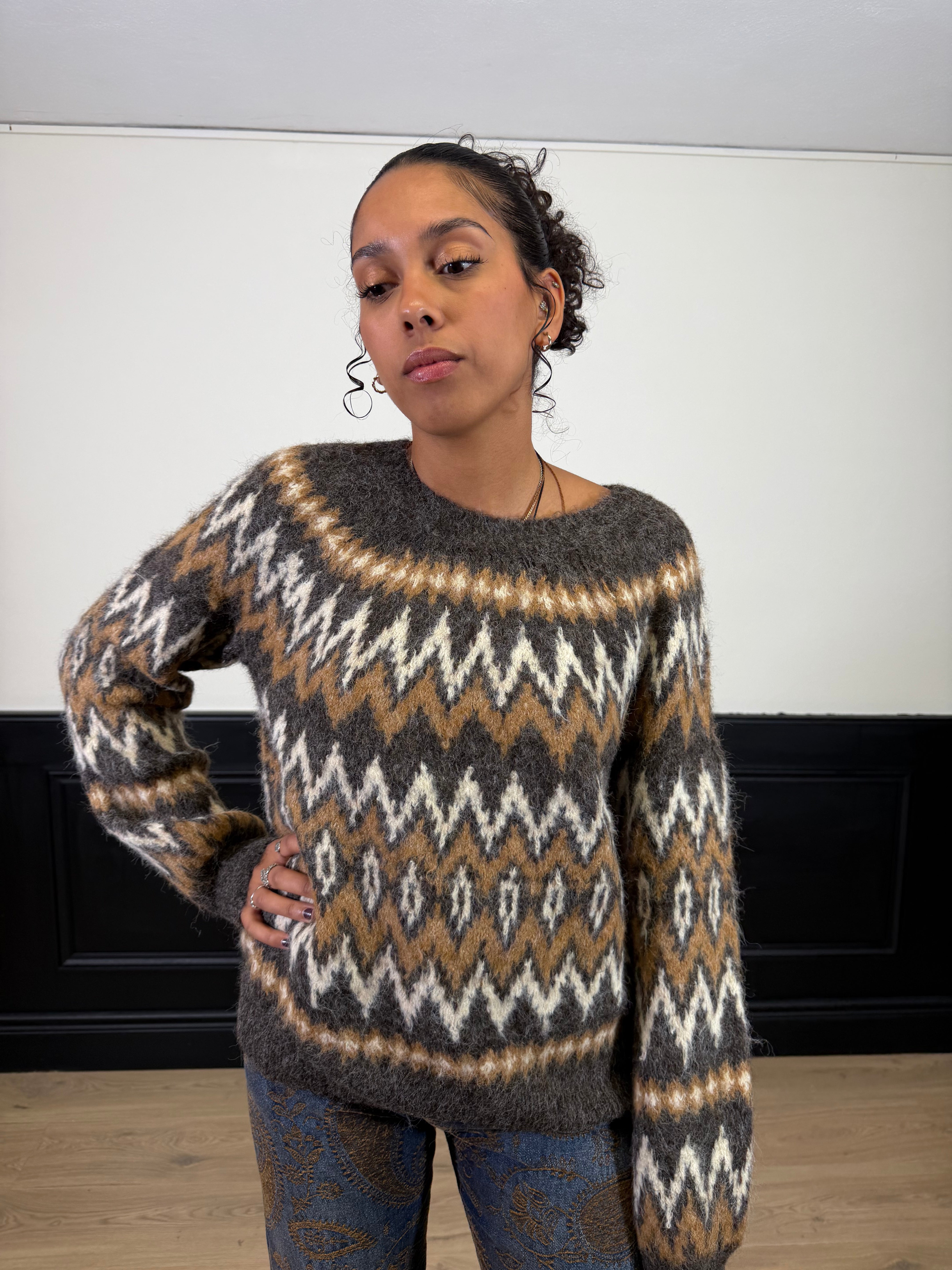 Pull rombi grigio/panna/cammello in mohair