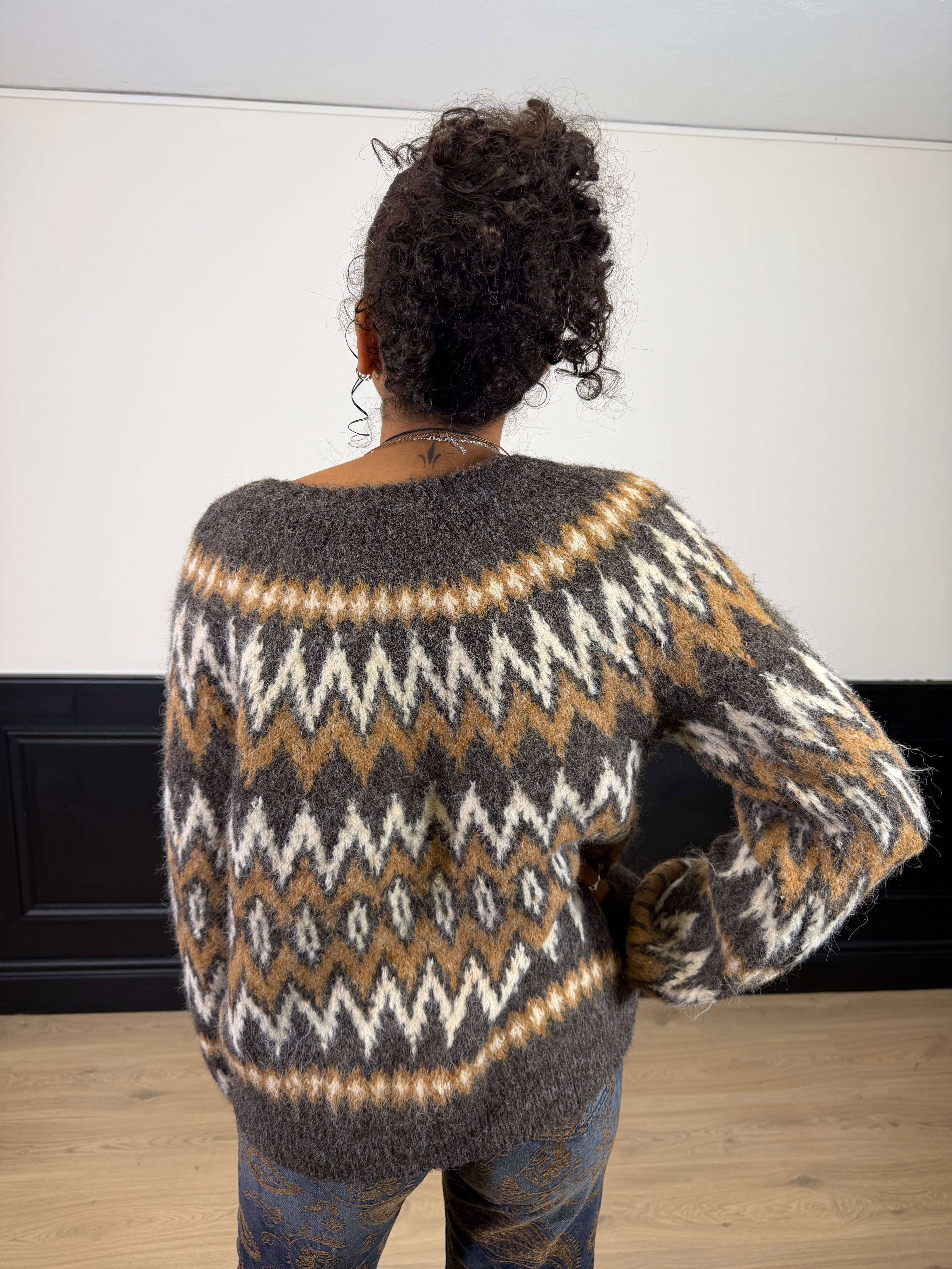Pull rombi grigio/panna/cammello in mohair