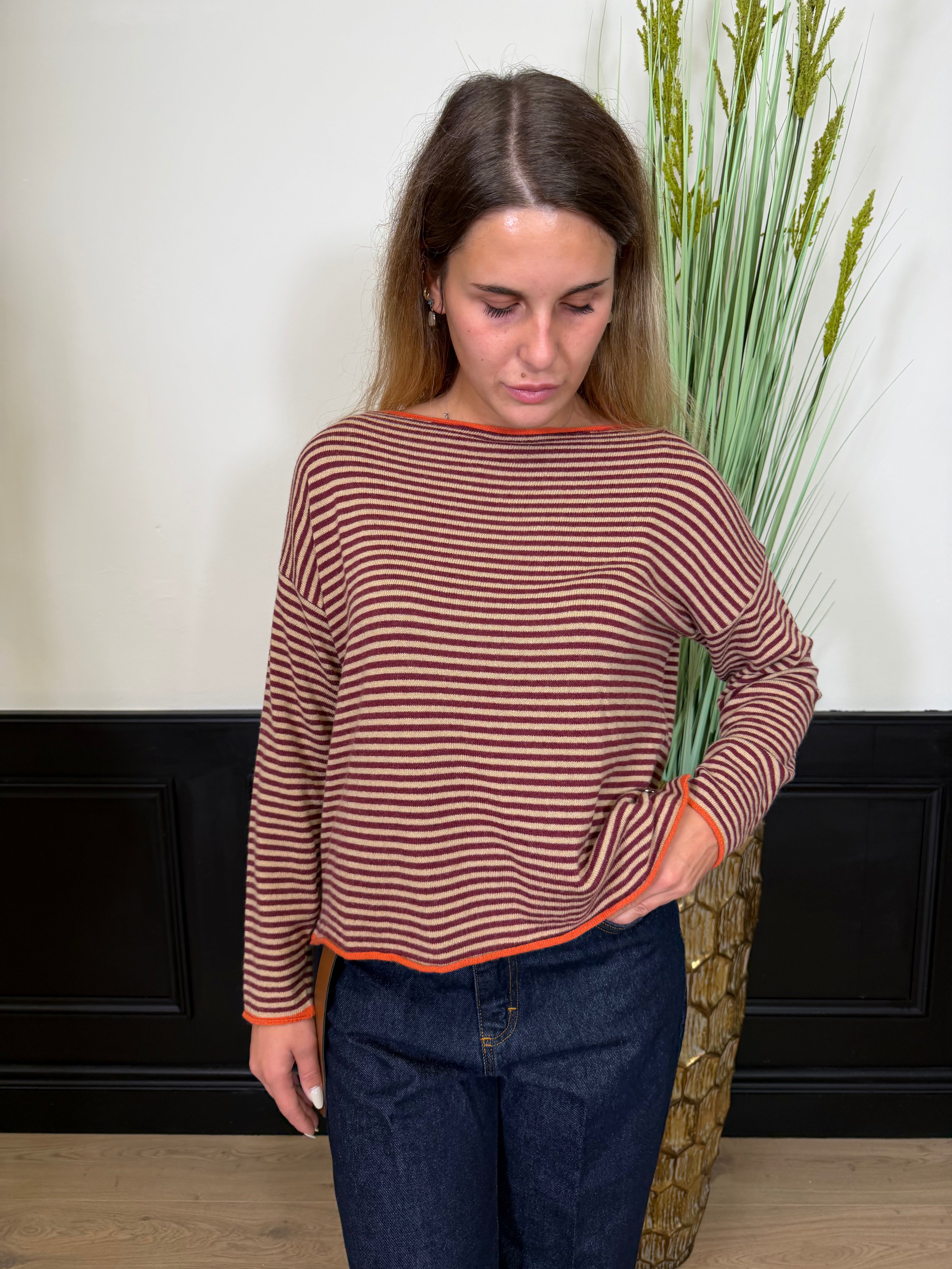 Maglia a righe scollo a barca lana/cashmere