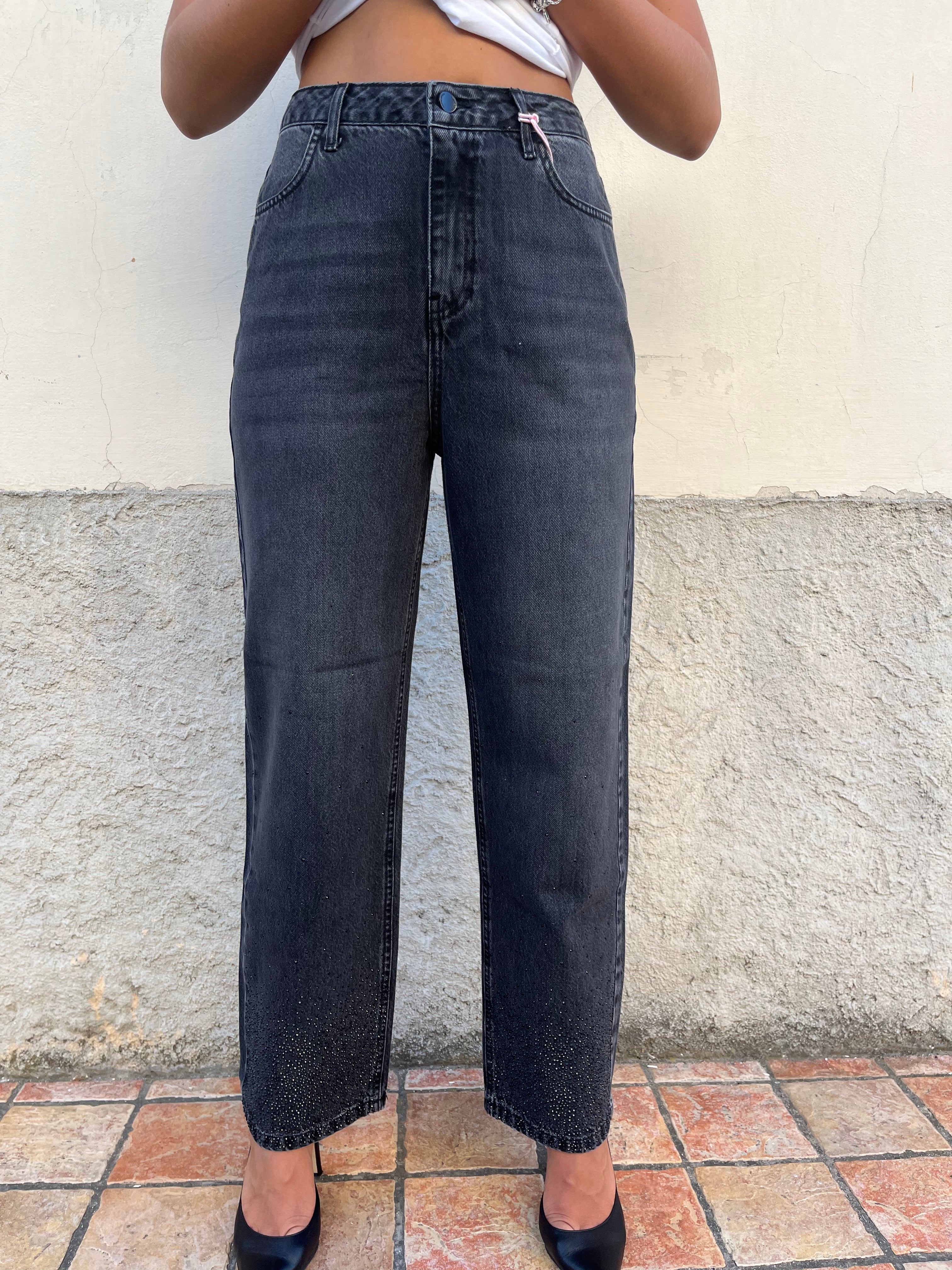 Jeans nero baggy fit con dettaglio strass