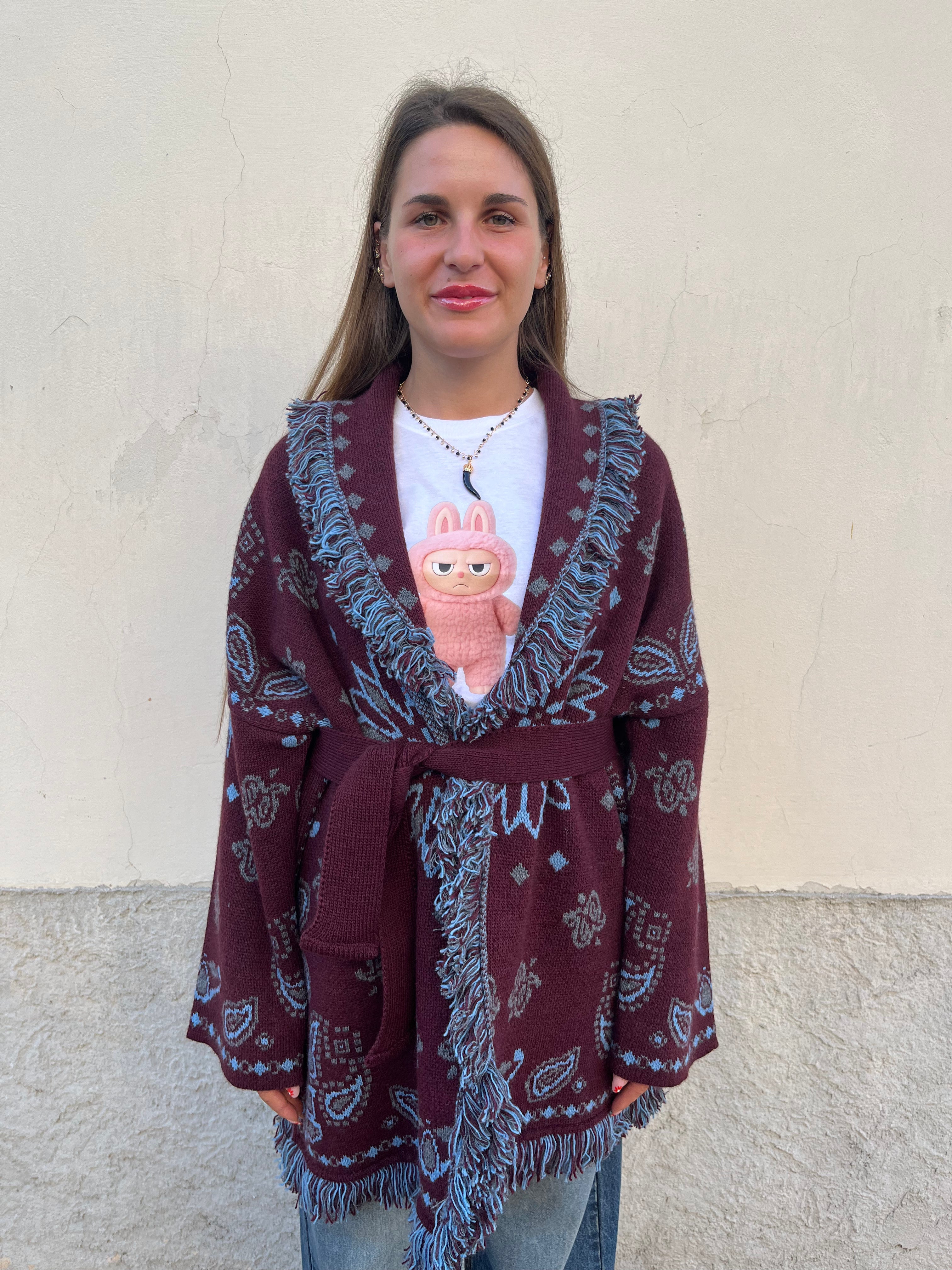 Cardigan etnico fantasia bordeaux/denim