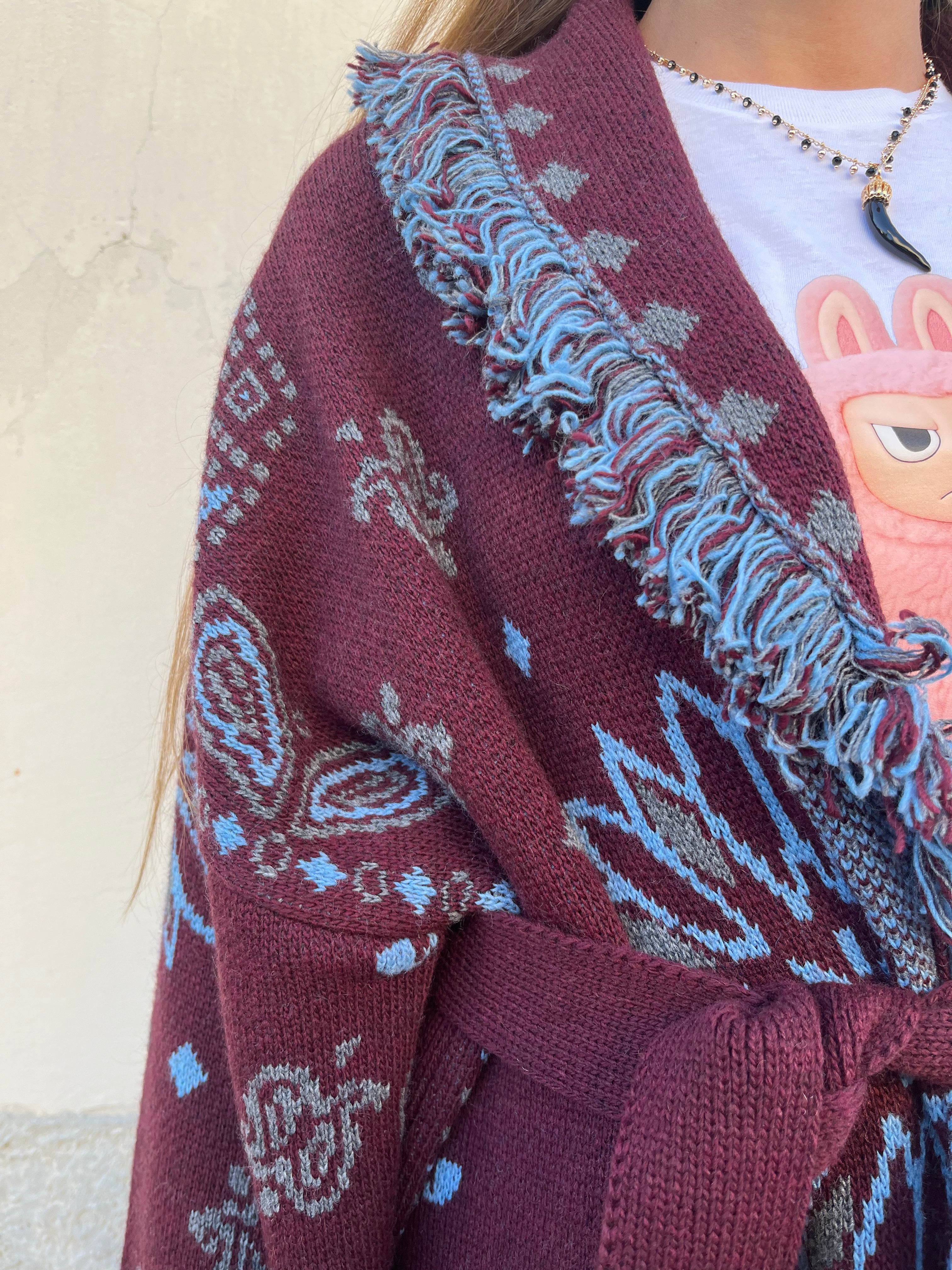 Cardigan etnico fantasia bordeaux/denim
