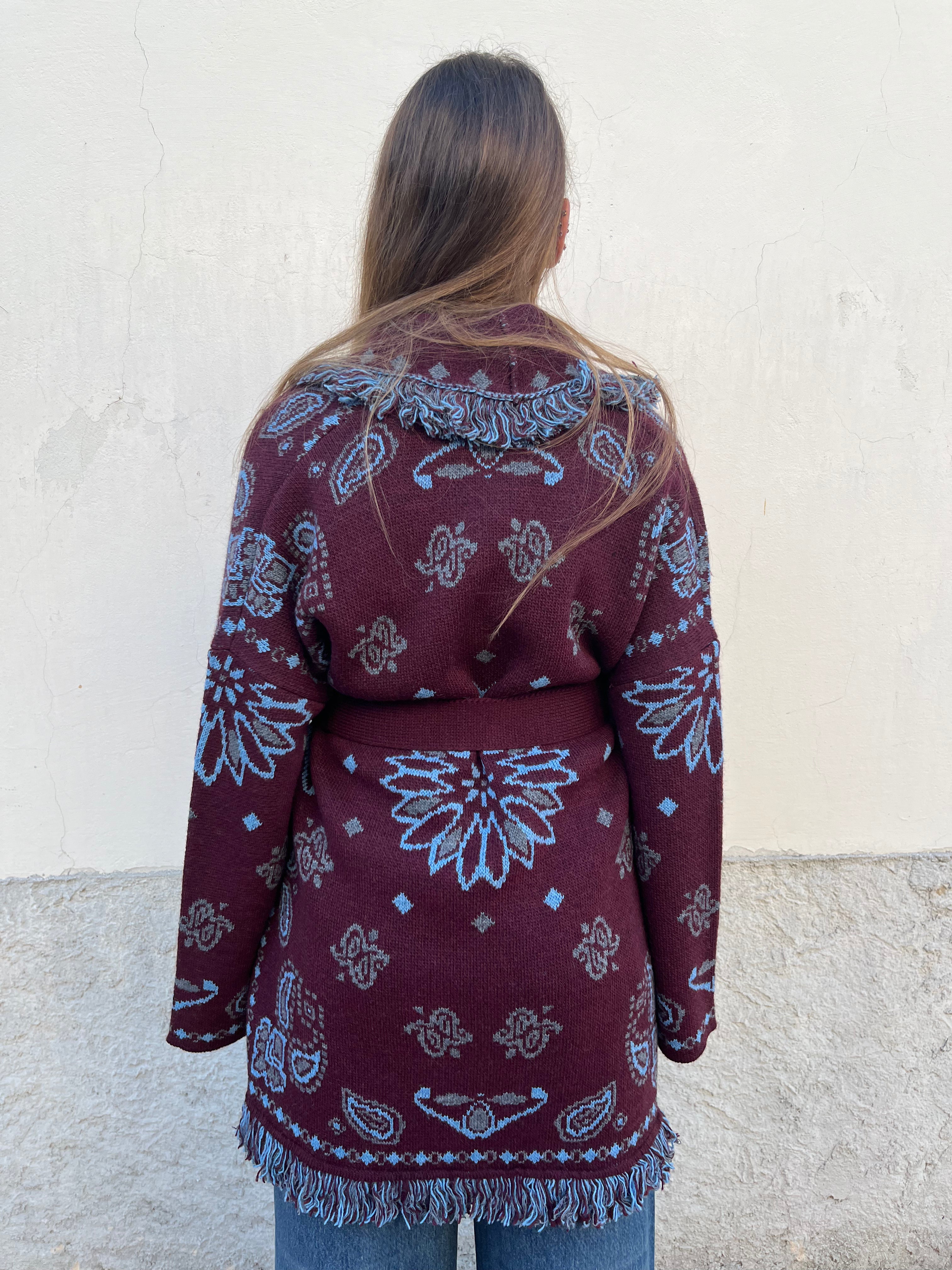 Cardigan etnico fantasia bordeaux/denim