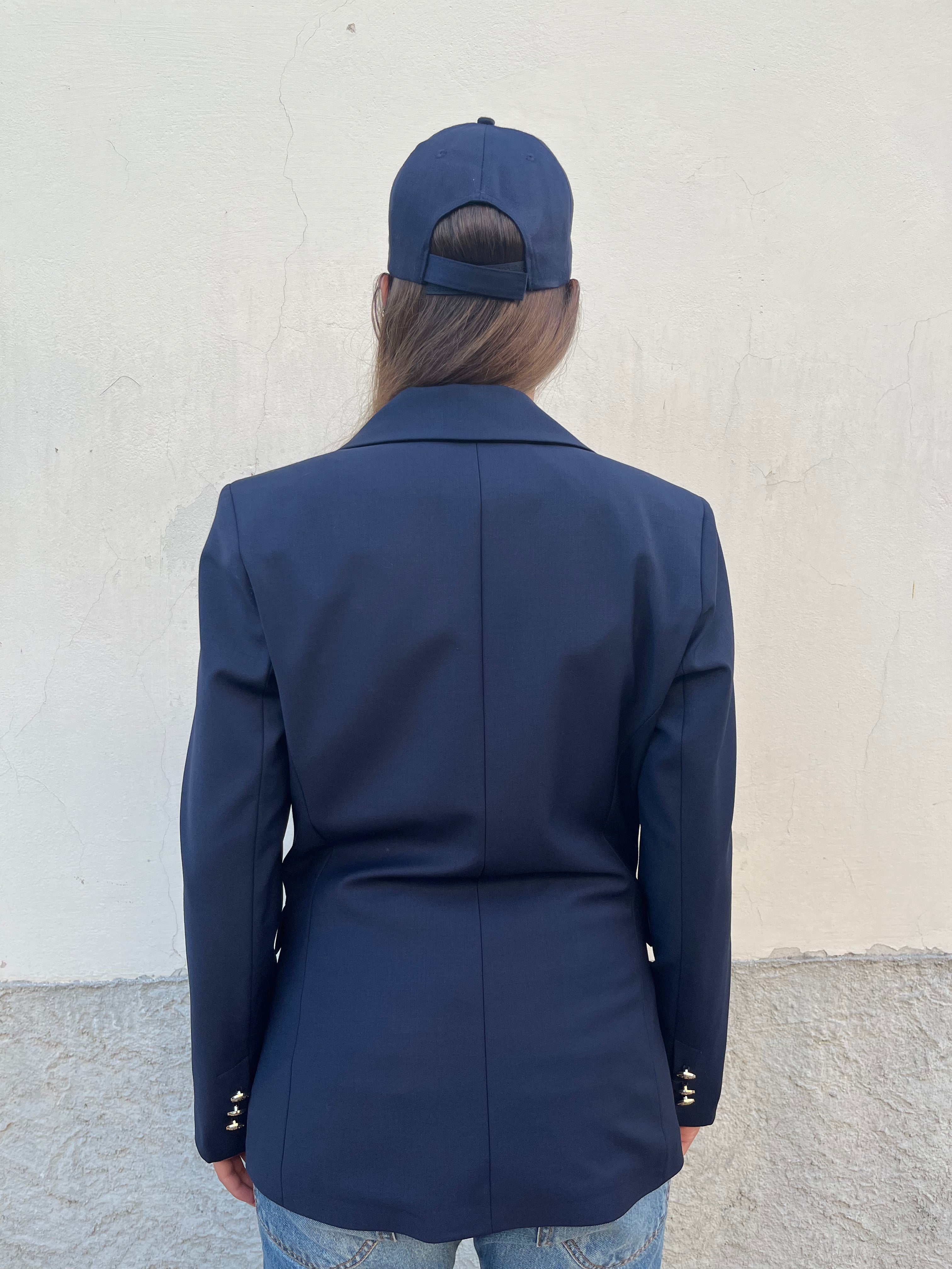 Giacca blu doppiopetto con cappellino