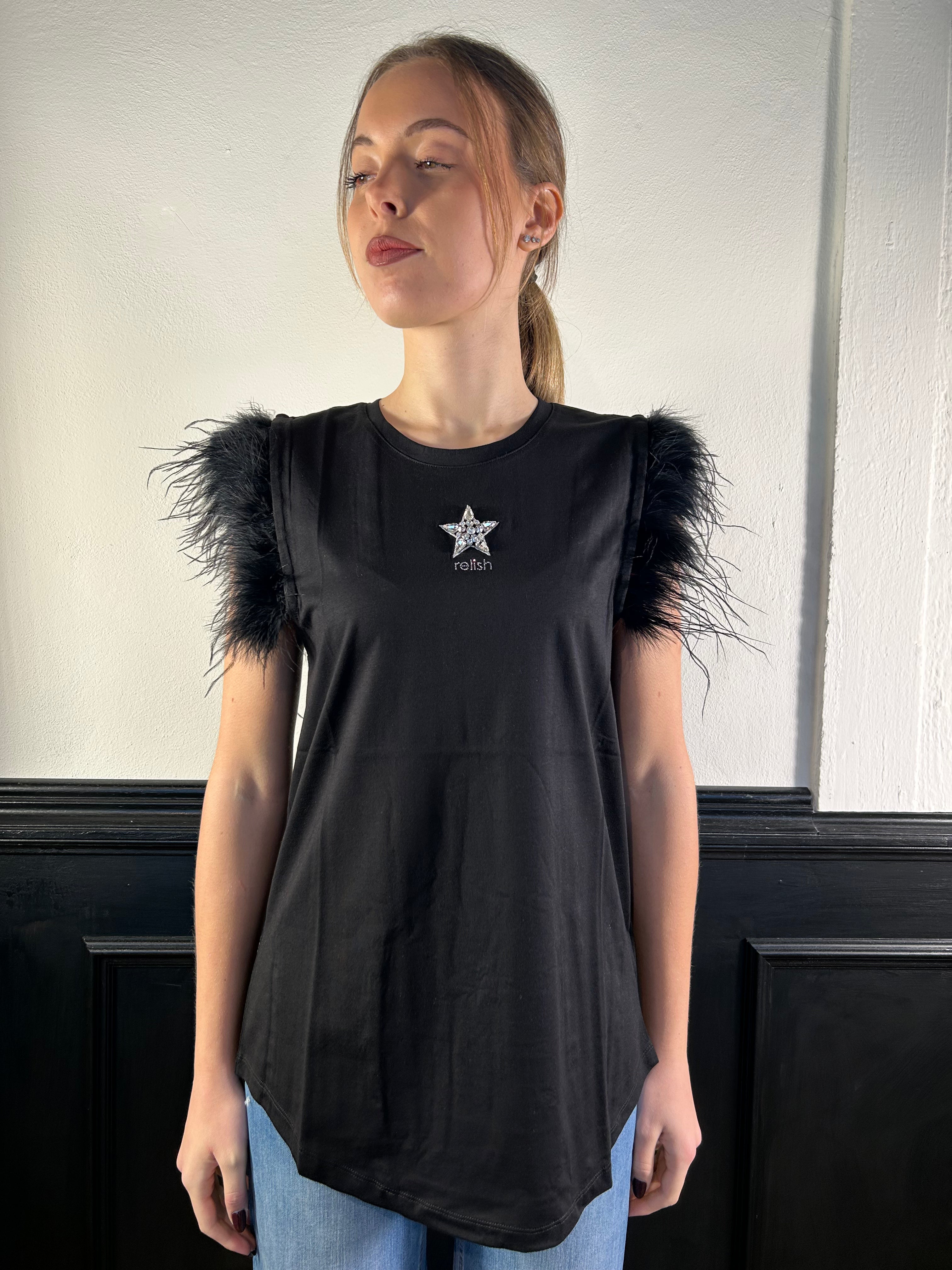 T-shirt Audery con piume e stella strass