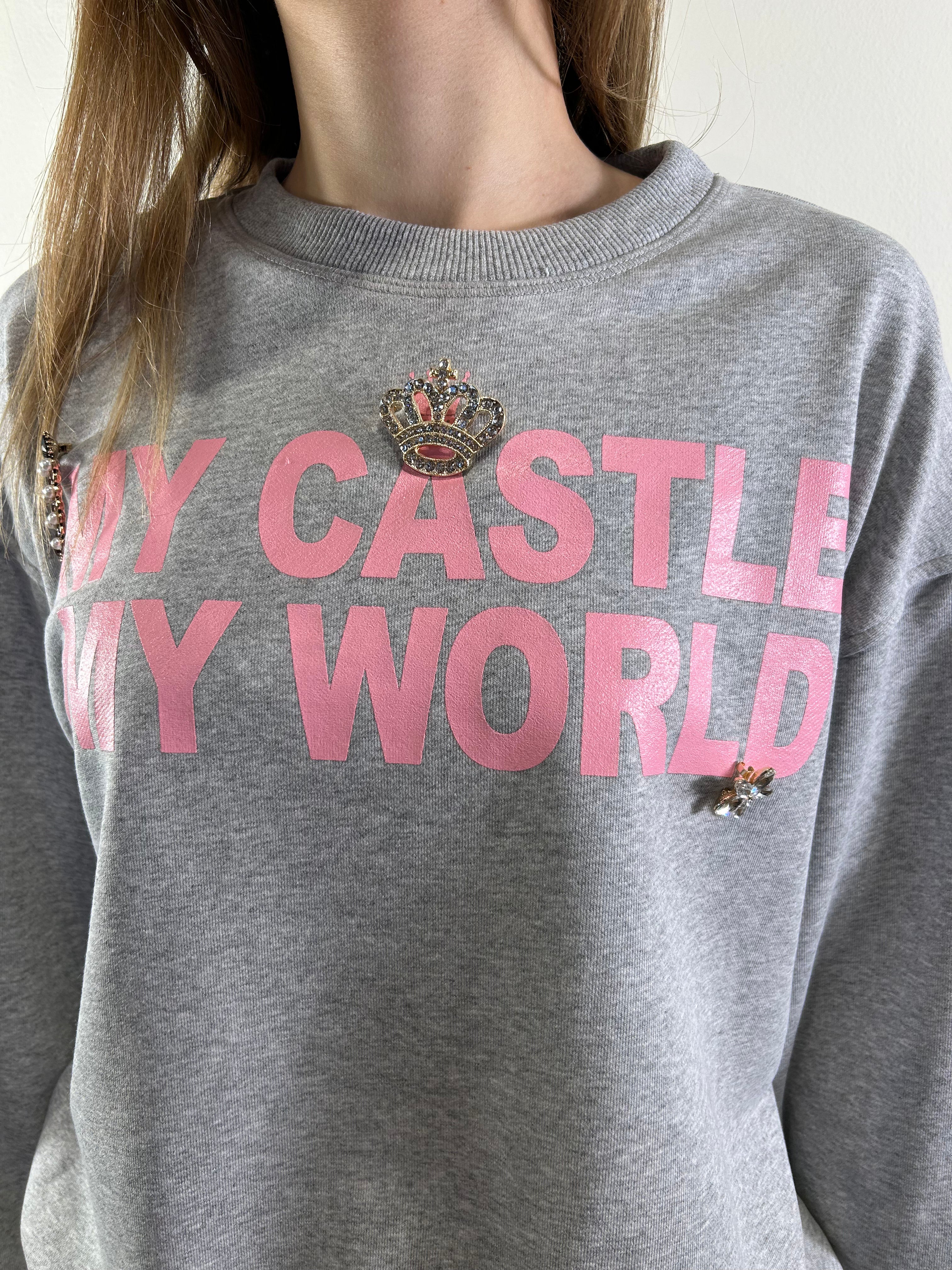 Felpa grigia con scritta rosa