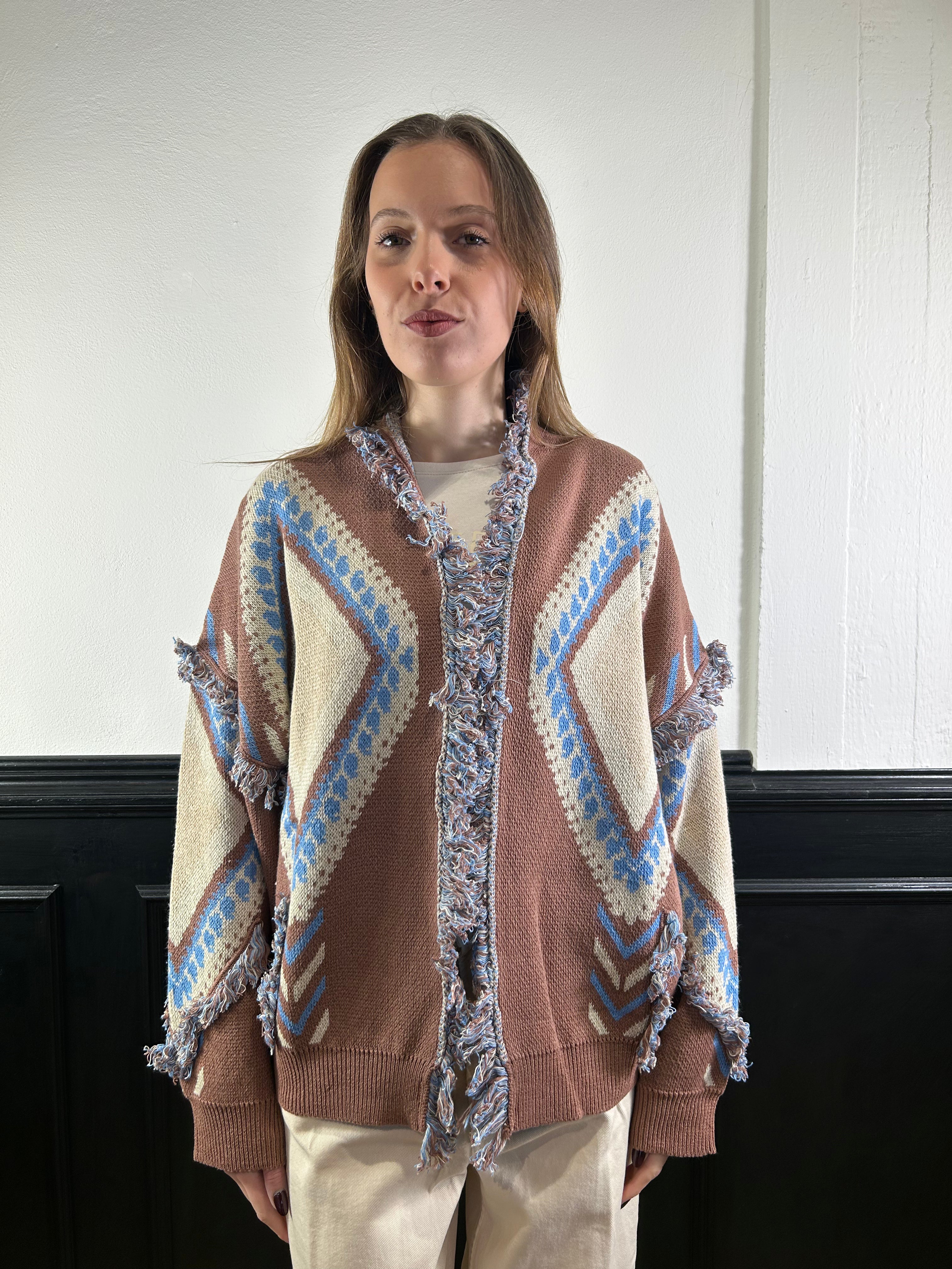 Cardigan Alanui fantasia tabacco, panna, azzurro.