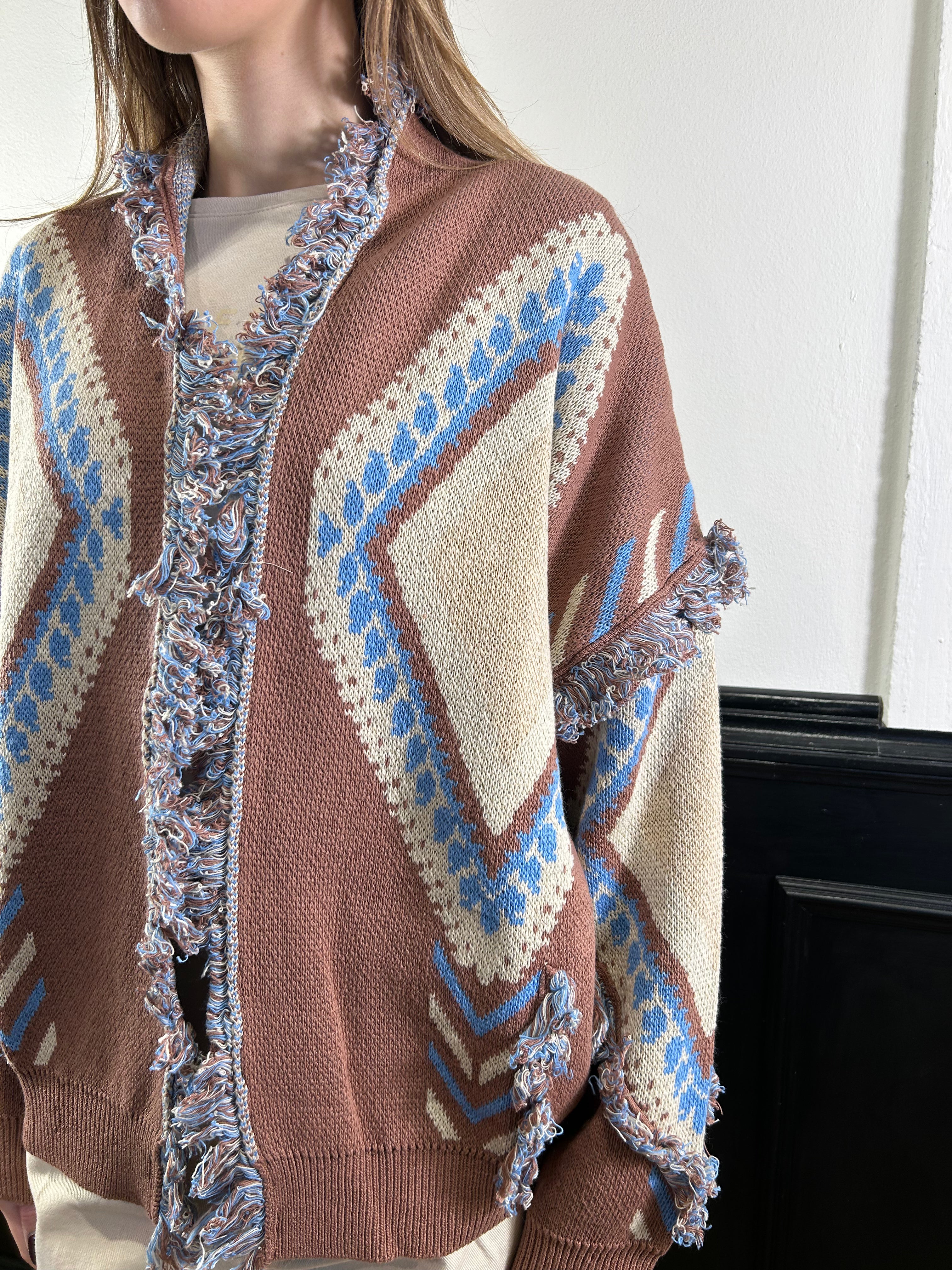 Cardigan Alanui fantasia tabacco, panna, azzurro.