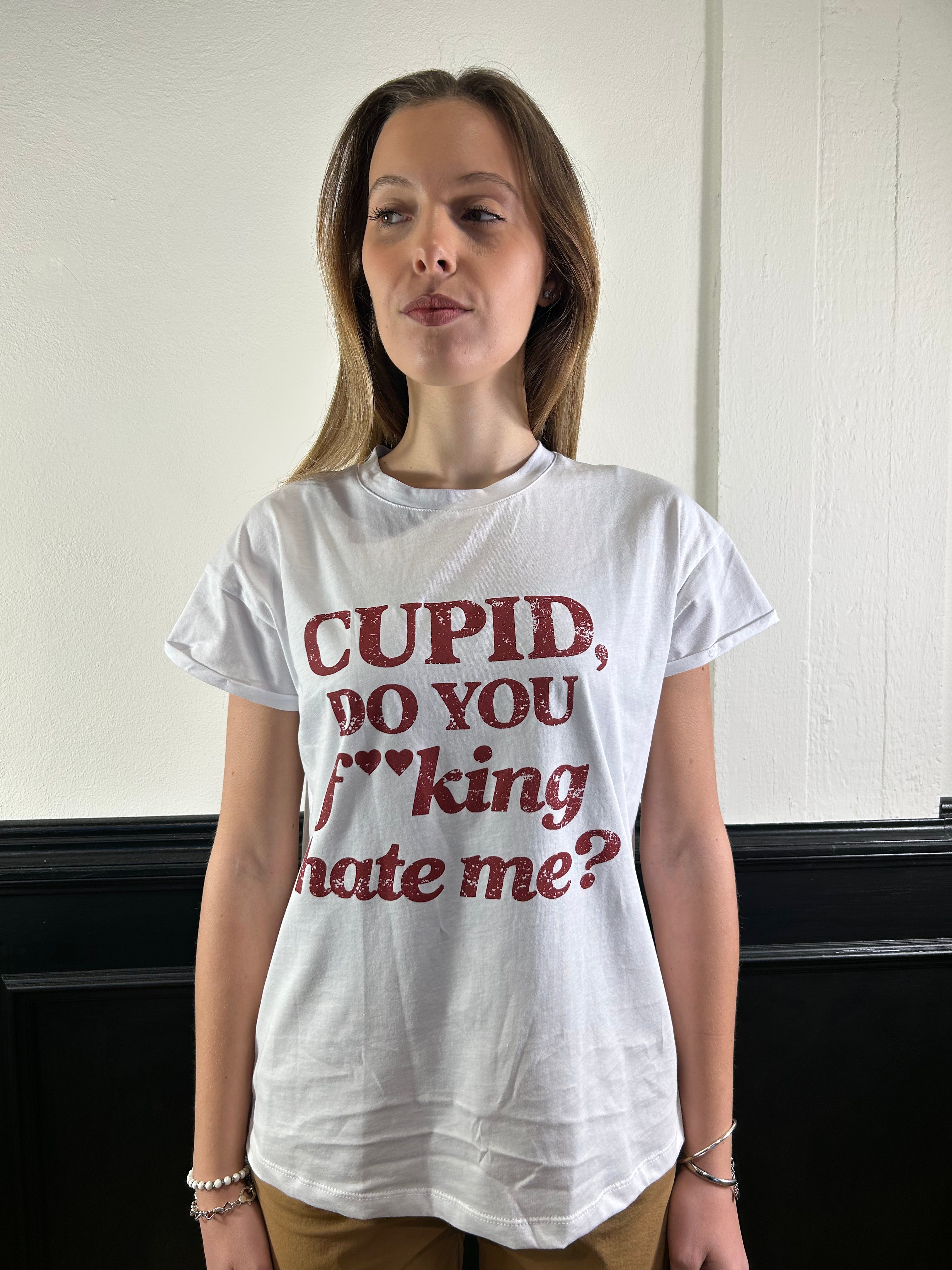 T-shirt stampa "cupido do tuo fucking hate me?"