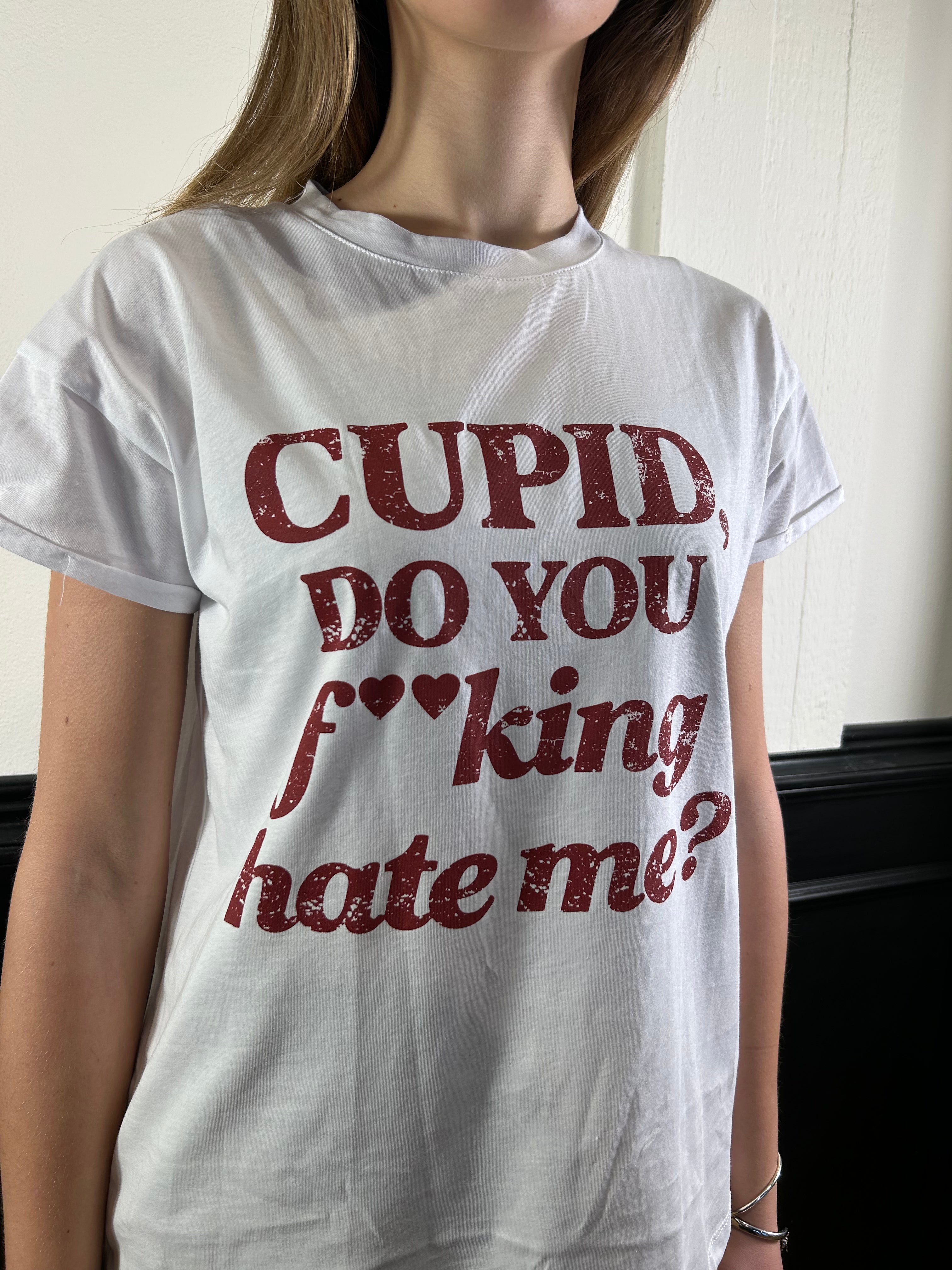 T-shirt stampa "cupido do tuo fucking hate me?"