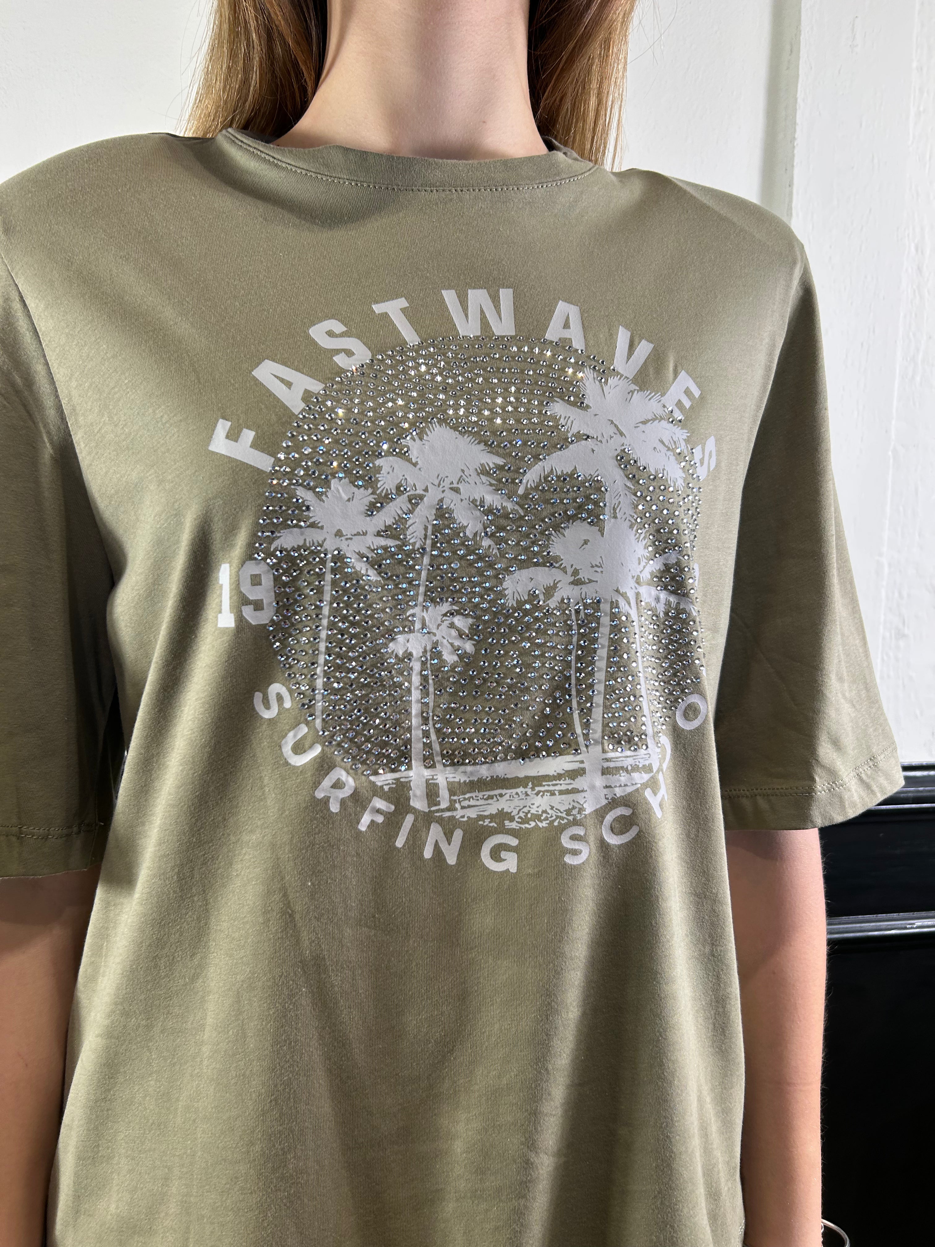 T-shirt verde militare con strass