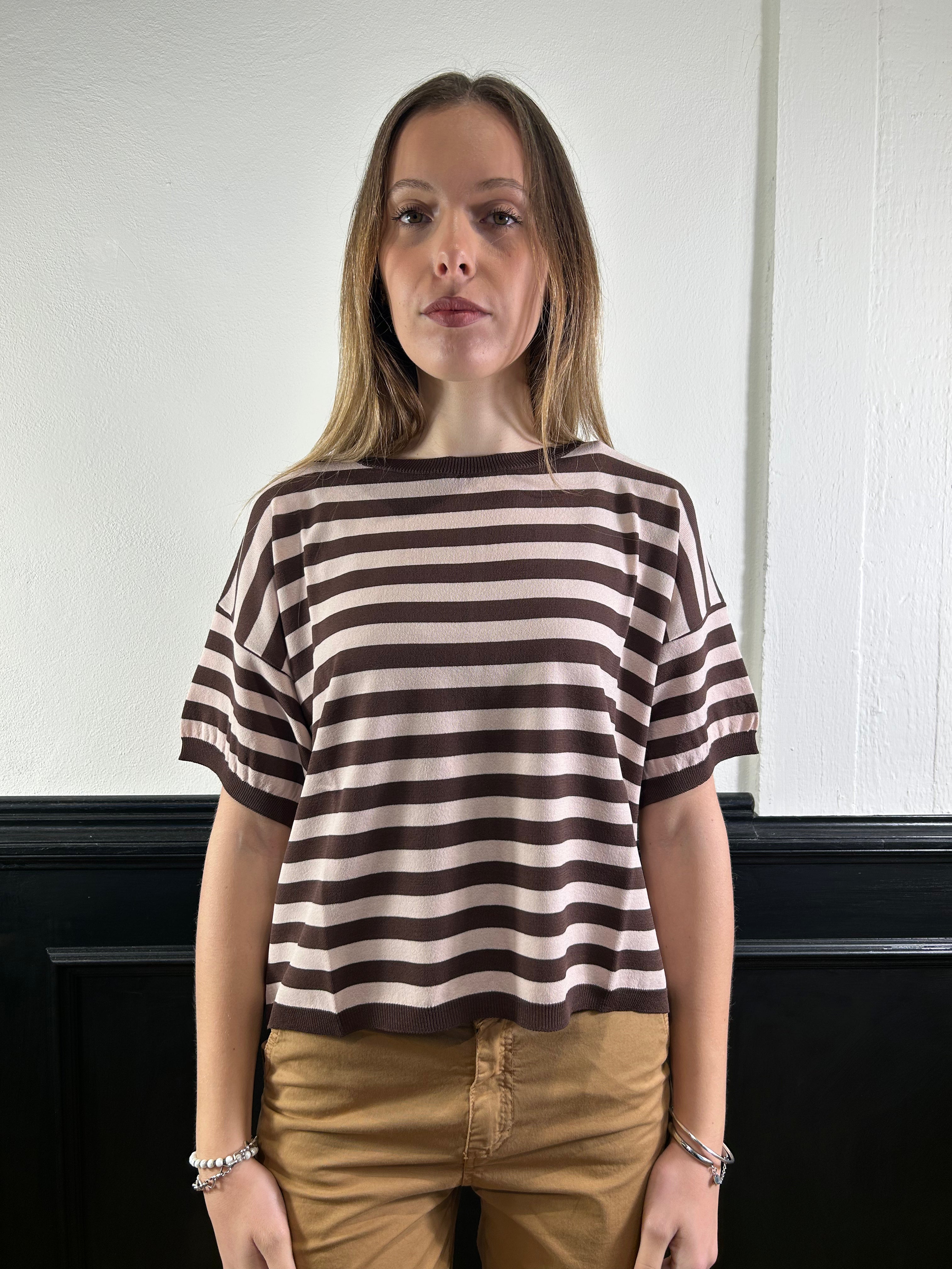 Maglia a righe marrone/rosa mezza manica
