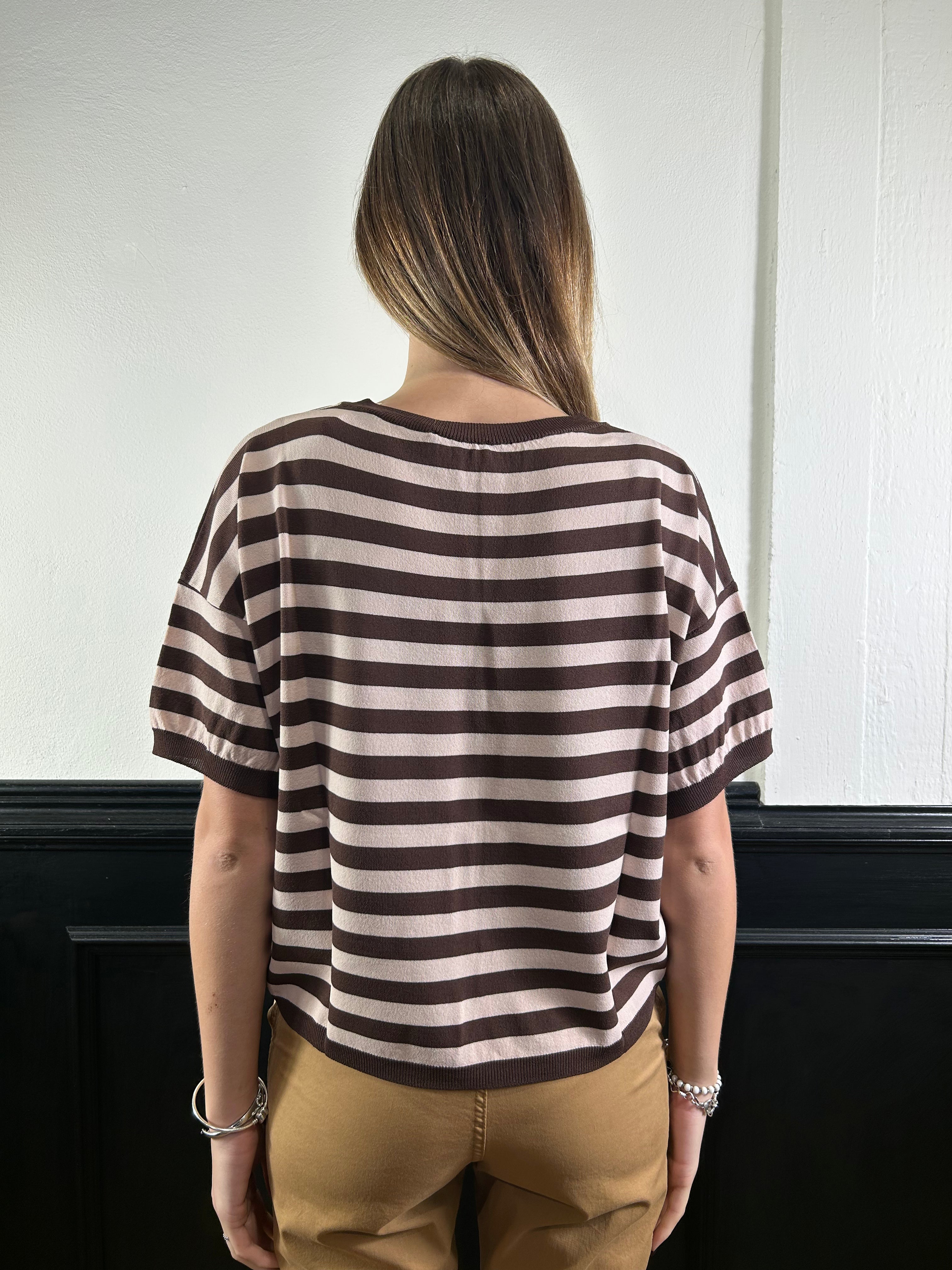 Maglia a righe marrone/rosa mezza manica