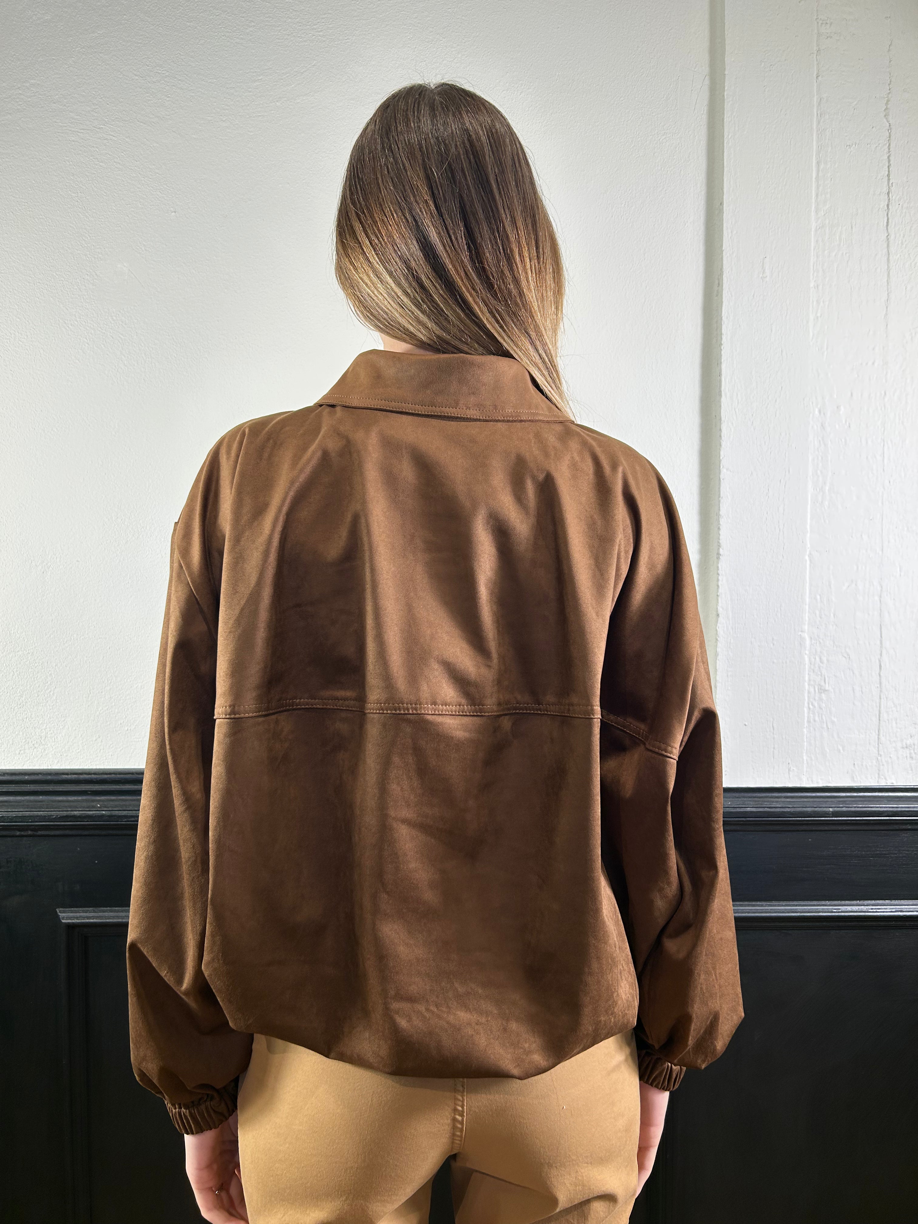 Bomber in eco camoscio e pizzo frontale