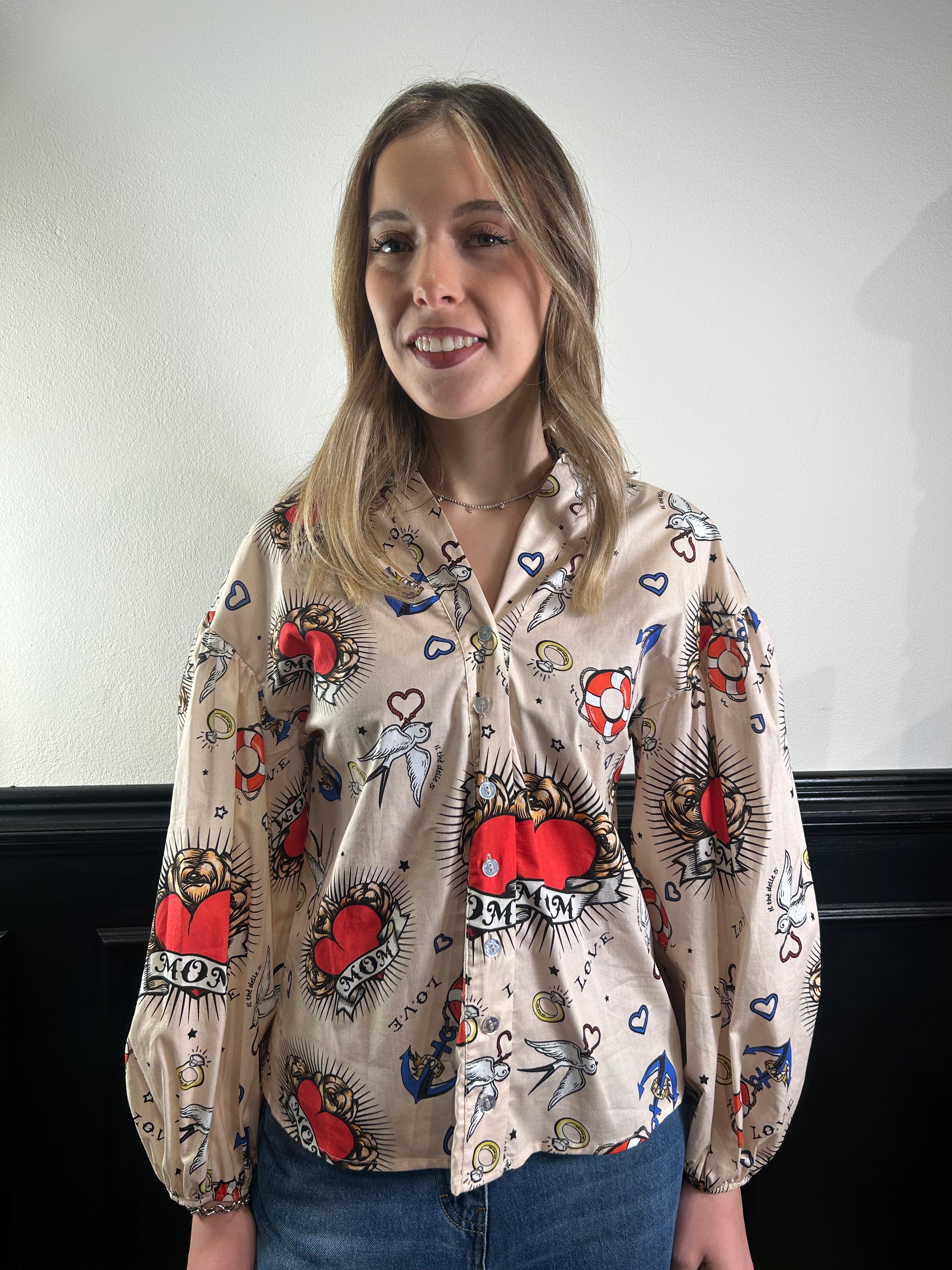 Camicia in cotone stampa tattoo beige