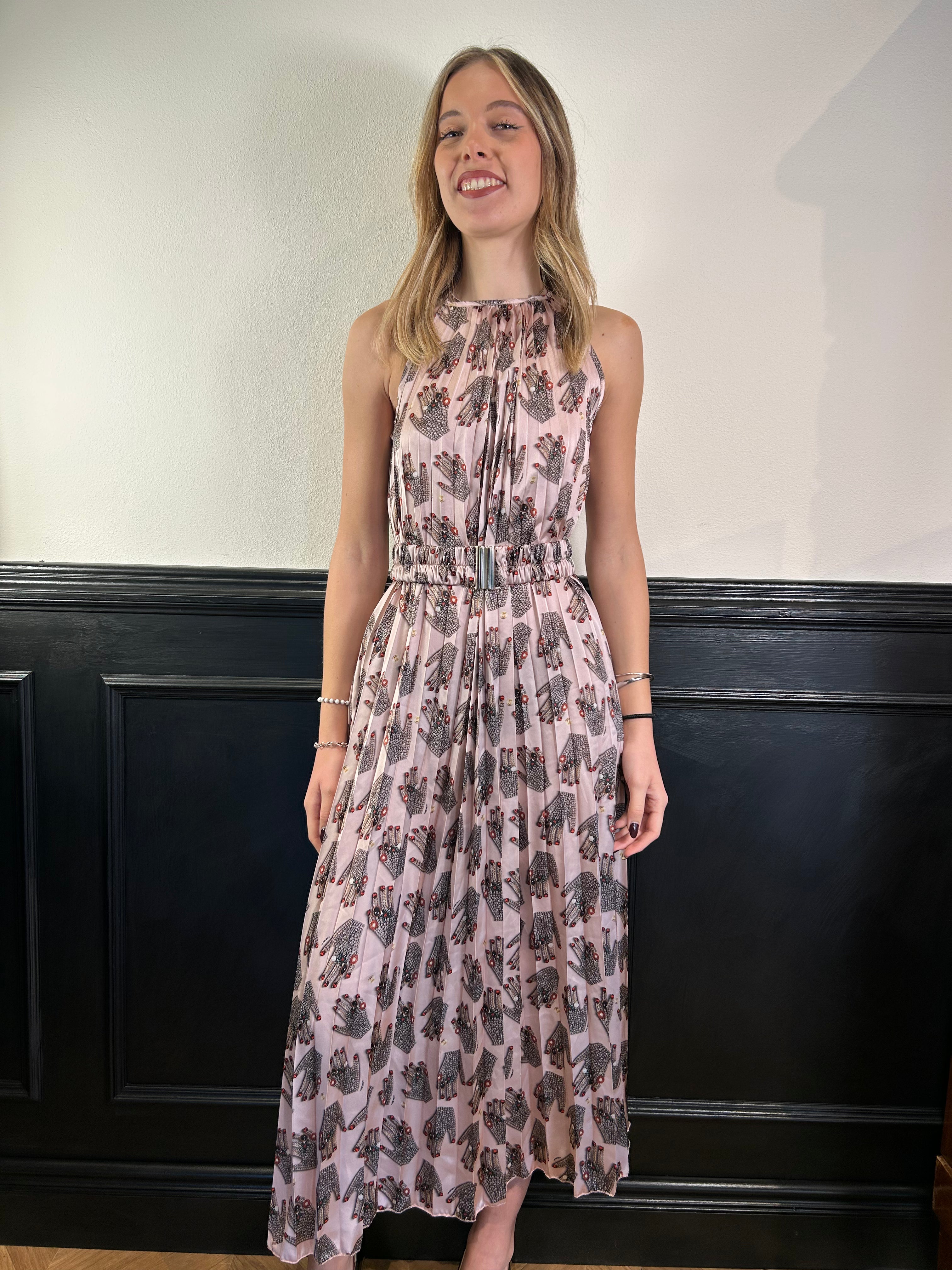 Abito longuette plissé fantasia mani strass