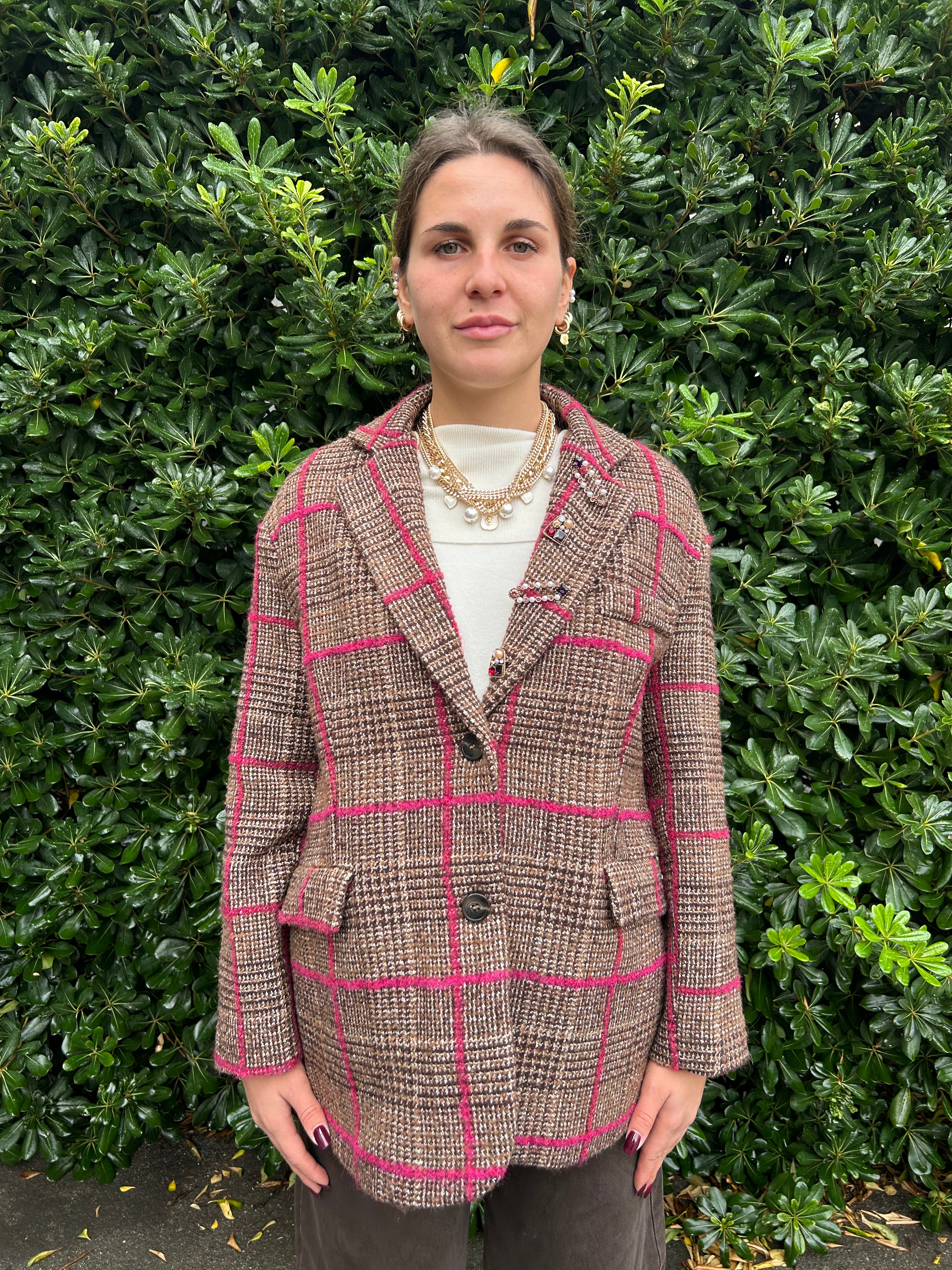 Giacca oversize con quadro magenta