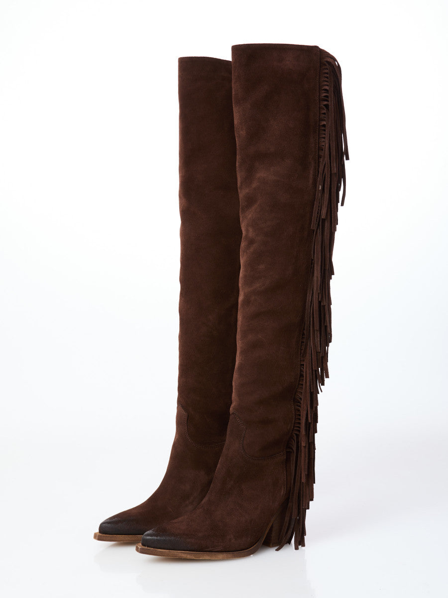Stivale texano a coscia in camoscio con frange