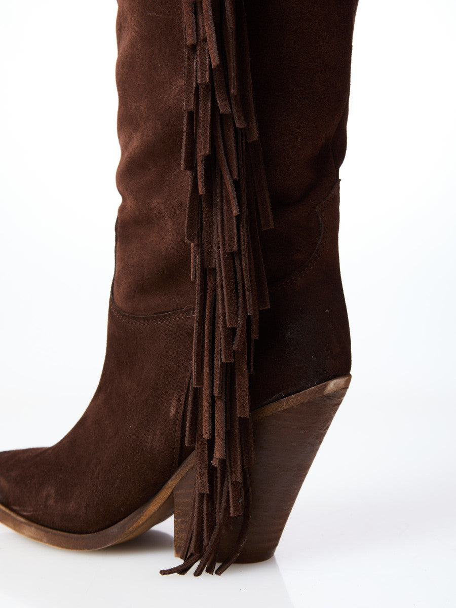 Stivale texano a coscia in camoscio con frange